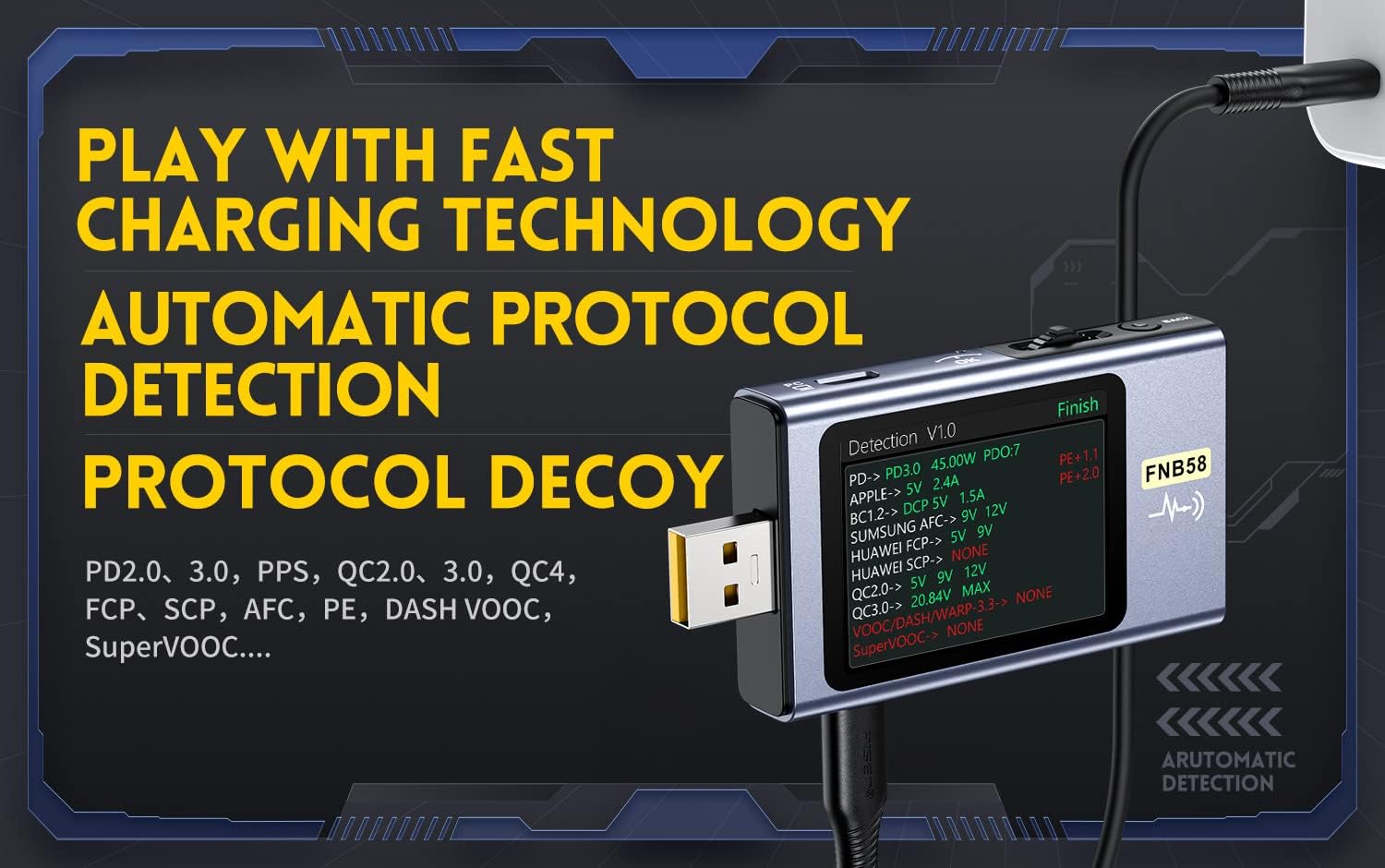 FNB58 Digital Voltmeter Amperemeter USB Tester Type-C Schnelle Ladungserkennung Trigger Kapazitätsmessung Welligkeitsmessung