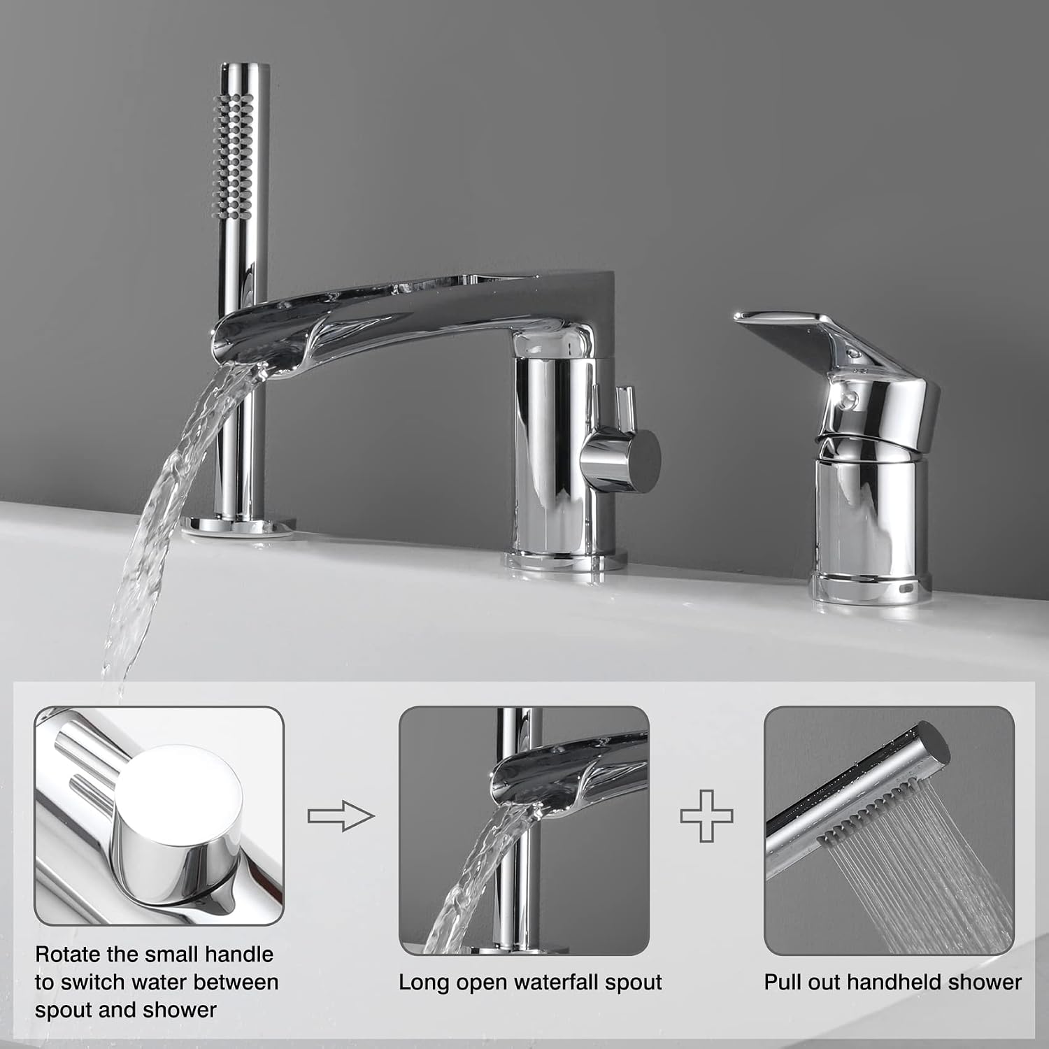 TapLong Waterfall Roman Tub Faucet with Hand Shower, Widespread Deck Mount Bathtub Faucet with Sprayer, Single-Handle 3-Holes Bathtub Shower Faucet Set in Chrome, 03119CH