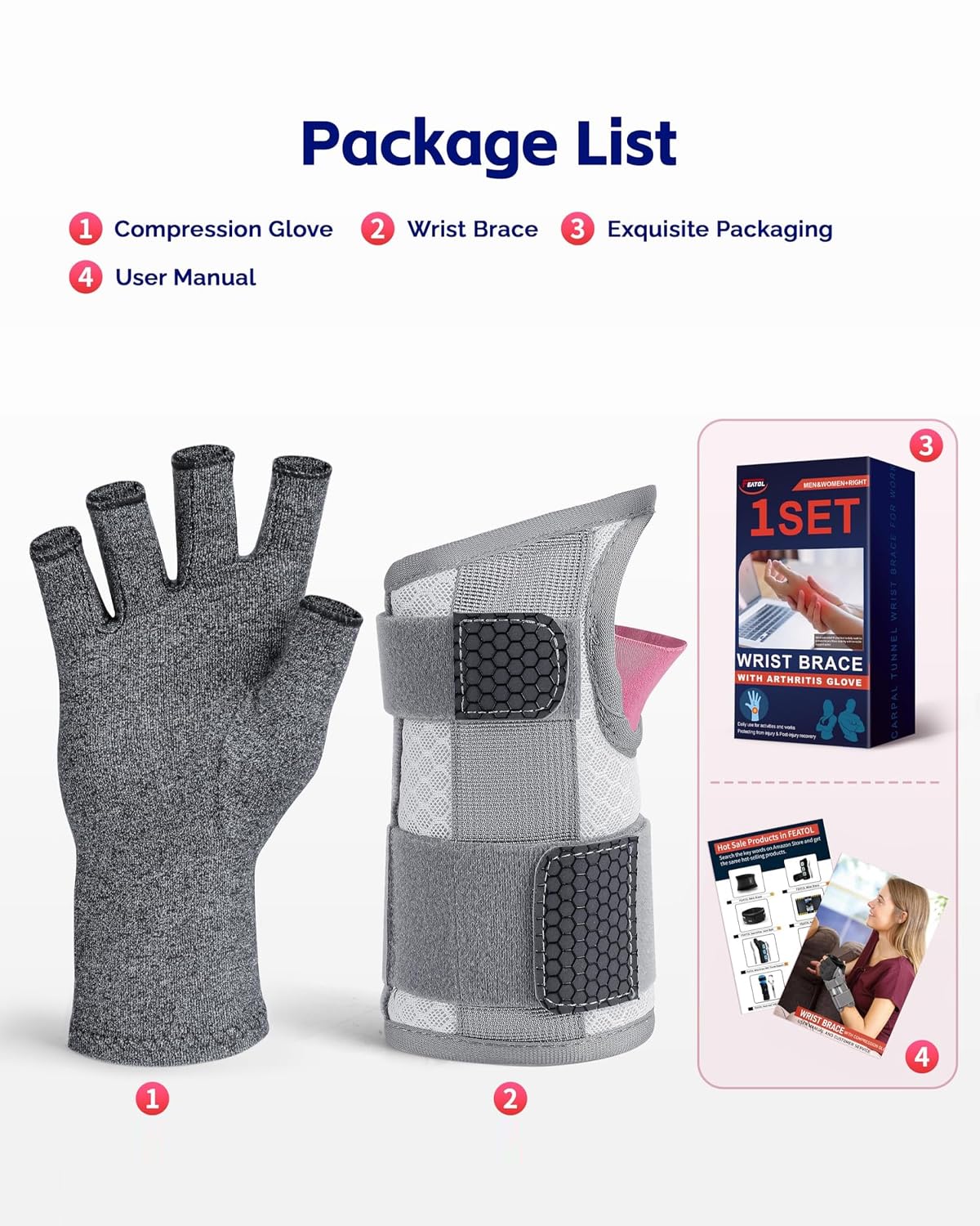 FEATOL Juego de muñequera para túnel carpiano y guantes de compresión para artritis para mujer, muñequera corta, soporte diurno, alivio del dolor para el trabajo, mecanografía, tendinitis, esguinces,
