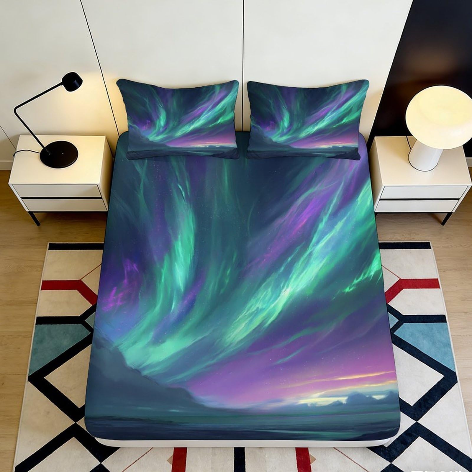 3D Printed Aurora Borealis Fitted Sheet Microfiber Soft Bedroom Decor Northern Lights Mattress Cover 90x200x25cm