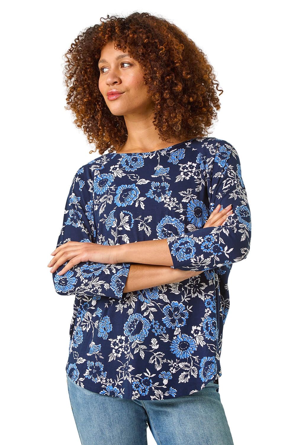 Roman Women's Navy Floral Print Jersey Top Size 10