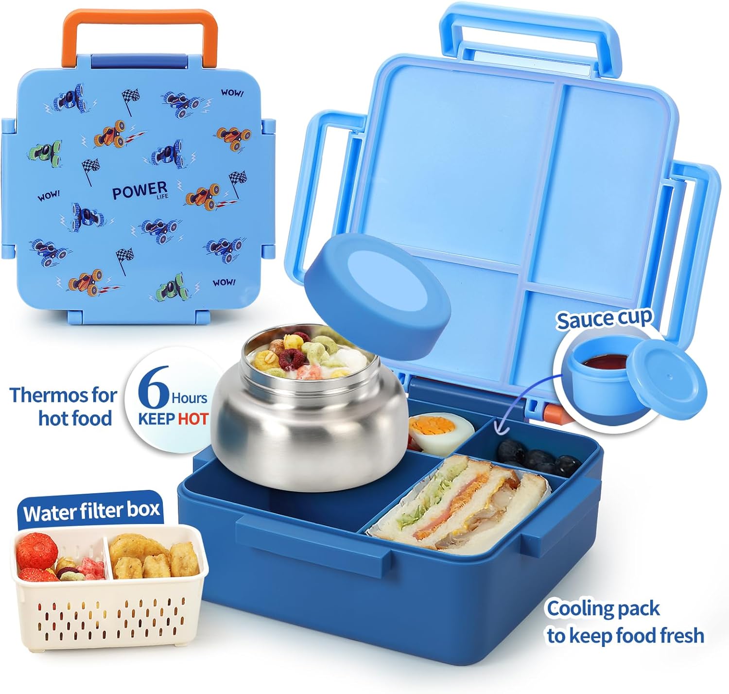 Bento Box for Kids with Thermos, [Large Capacity] Insulated Kids Lunch Box with 4 Compartment for Ages 3+, Drop-Proof & Dishwasher Safe Lunchbox Container Blue - Image 9