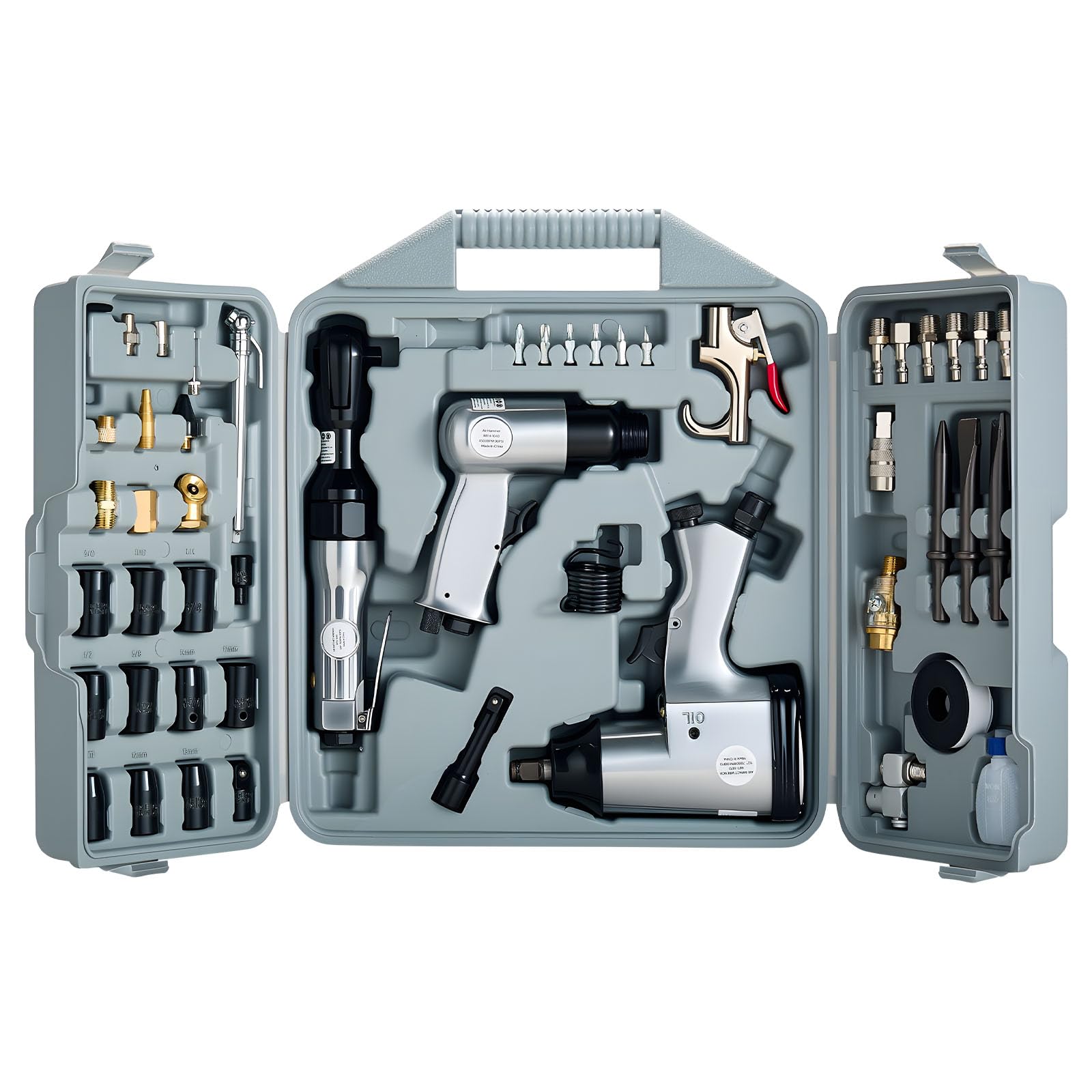 VEVOR 50 Pieces Pro Air Tool and Accessories Kit - 1/2" Air Impact Wrench, 3/8" Ratchet Wrench, 4500BPM Hammer, Blow Gun & Full Accessories for Auto