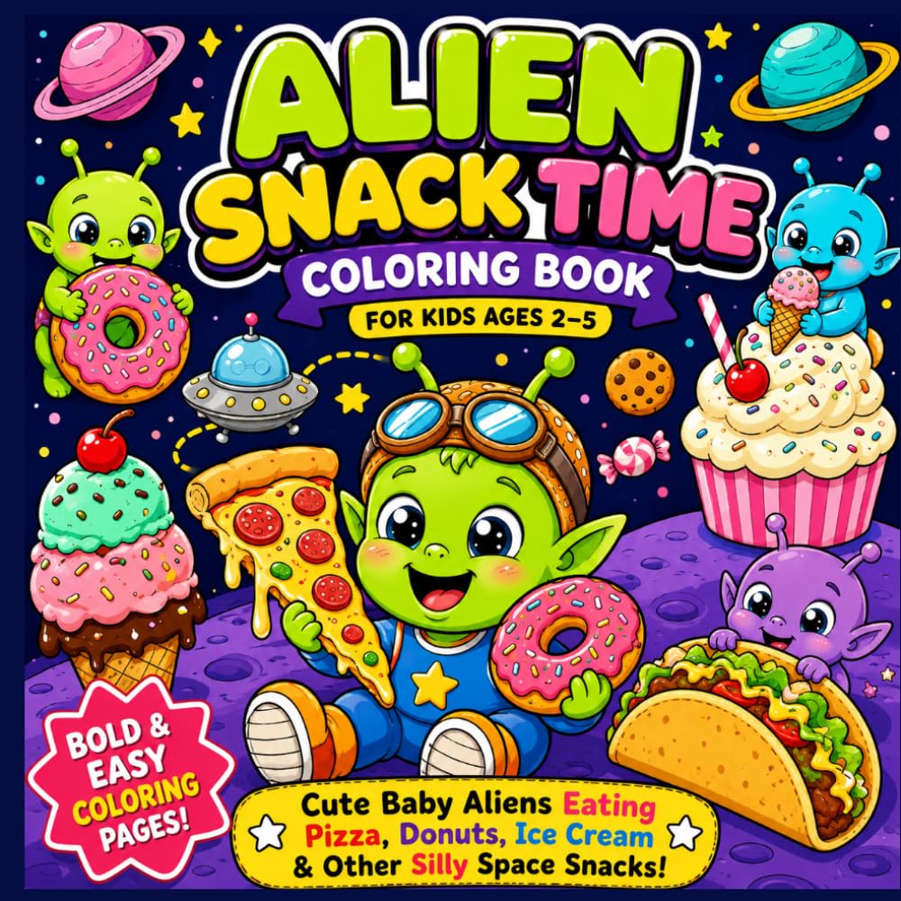Alien Snack Time Coloring Book for Kids Ages 2–5: Cute Baby Aliens Eating Pizza, Donuts, Ice Cream & Other Silly Space Snacks | Bold and Easy Coloring ... Series | Cute, Funny and Bold Outlines)