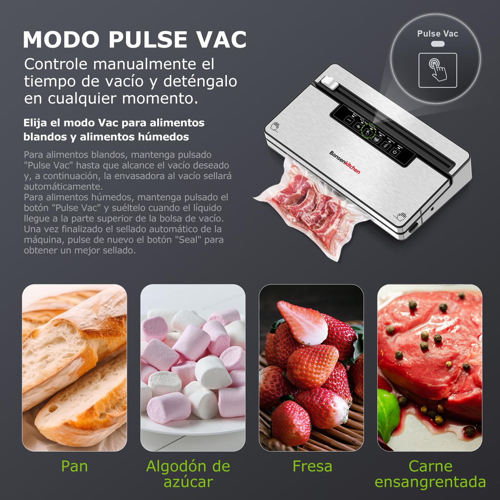 Bonsenkitchen Envasadora al Vacío, Maquina al Vacio con 5 modos, 8 L/min, Tecnología Globefish para Un Funcionamiento a Alta Velocidad, Vacío Rápido, Incluye 5 Bolsas de Vacío y 1 Bolsa de Rollo