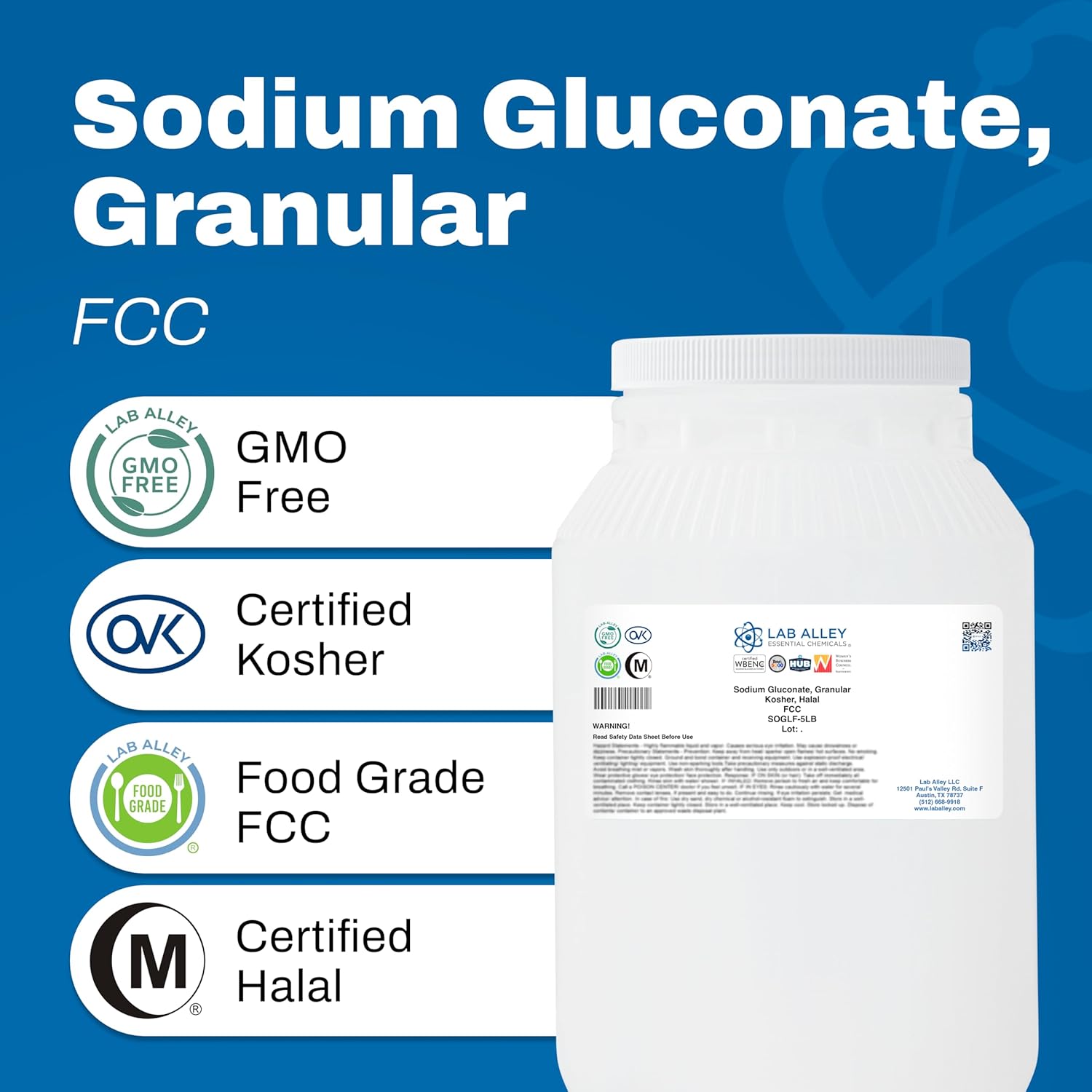 Lab Alley Sodium Gluconate, Granular, FCC/Food Grade, Kosher, Halal, Chelating Agent, Bitterness Inhibitor, and Plasticizer for Food & Industrial Use (5 Pounds)