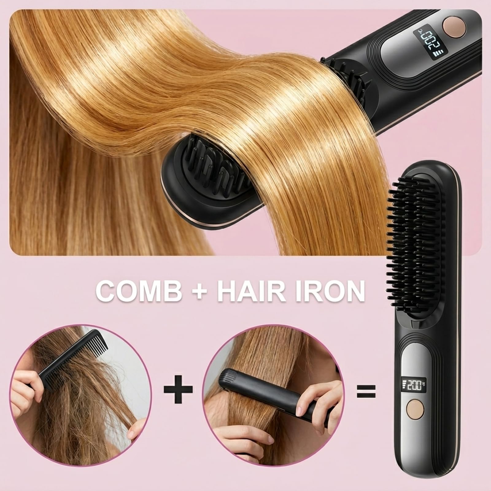 Spazzola Lisciante per Capelli Spazzola Lisciante Senza Fili Pettine per Riscaldamento Elettrico Riscaldamento Rapido 4 Livelli di Temperatura con Display a LED, per Viaggi e Uso Domestico