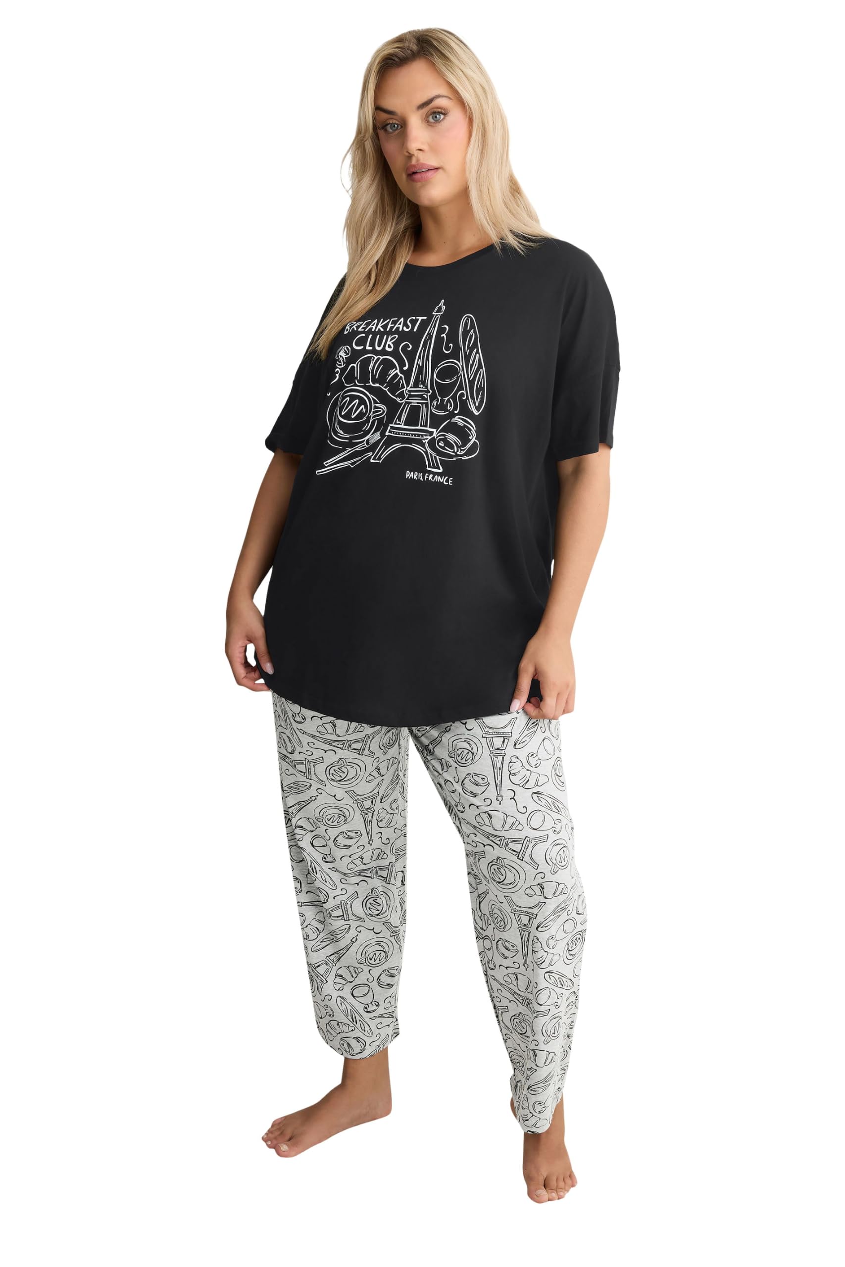 Yours Women's Multi Curve Black 'Breakfast Club' Wide Leg Pyjama Set - Plus Size Curve