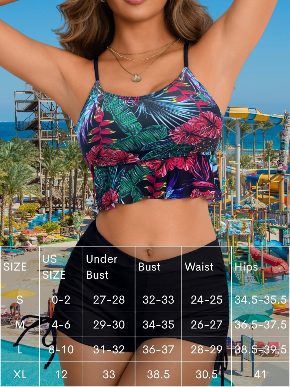 Floral Tropical Bikini with Shorts, Ruffle Drawstring Tummy Control, Two Piece High Waisted Swimsuits for Women - Image 6