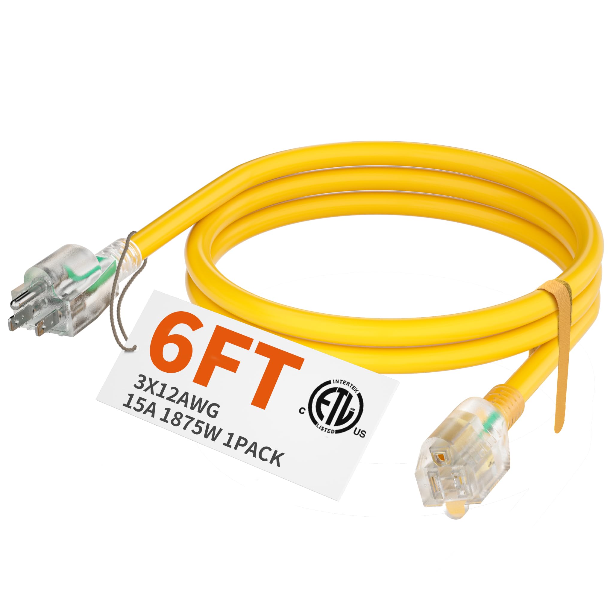 huanchain6 ft 12/3 Gauge Heavy Duty Outdoor Extension Cord Waterproof with Lighted, Flexible Cold Weather 3 Prong Electric Cord Outside, 15A 1875W 125V 12AWG, Yellow, ETL Listed