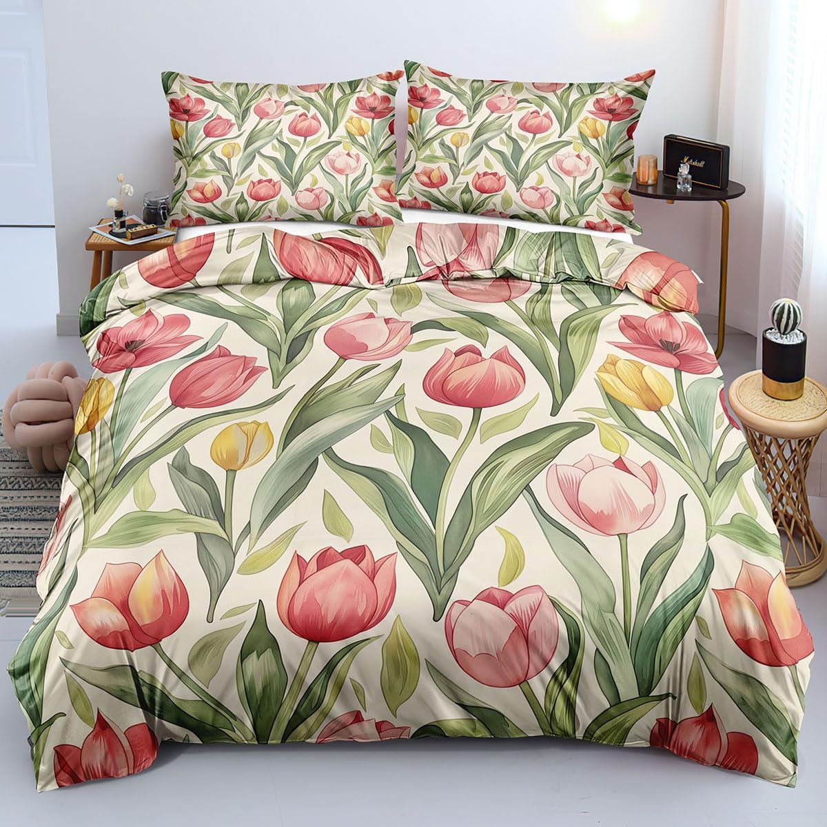 Parure de lit fleurie tulipes jaunes roses pour fille et femme avec housse de couette 260x240 cm