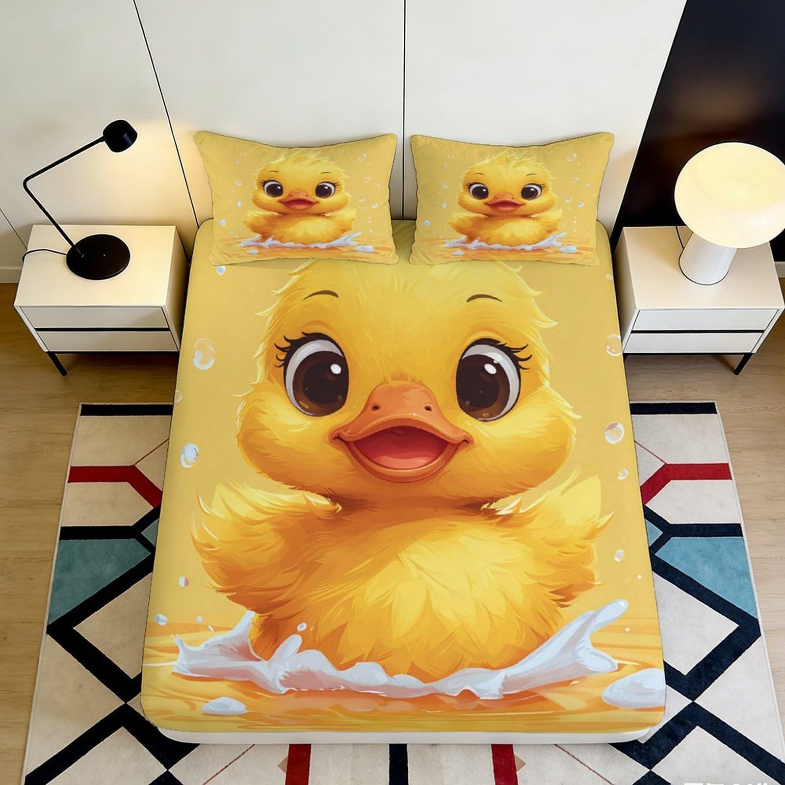3D Printed Yellow Duck Fitted Sheet Microfiber Soft Breathable Cartoon Bed Cover for Bedroom Dormitory Guest Room Mattress Protection Decoration 180x200x25cm
