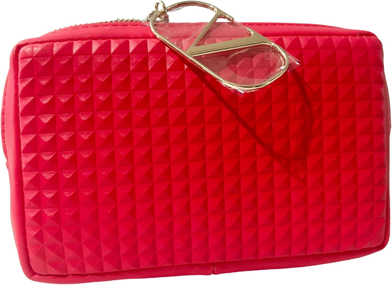 Valentino Red Triangle Diamond 3D Grid Small Zip Makeup Cosmetic Gift Pouch Approx 6L x 4H x 1W (2297)