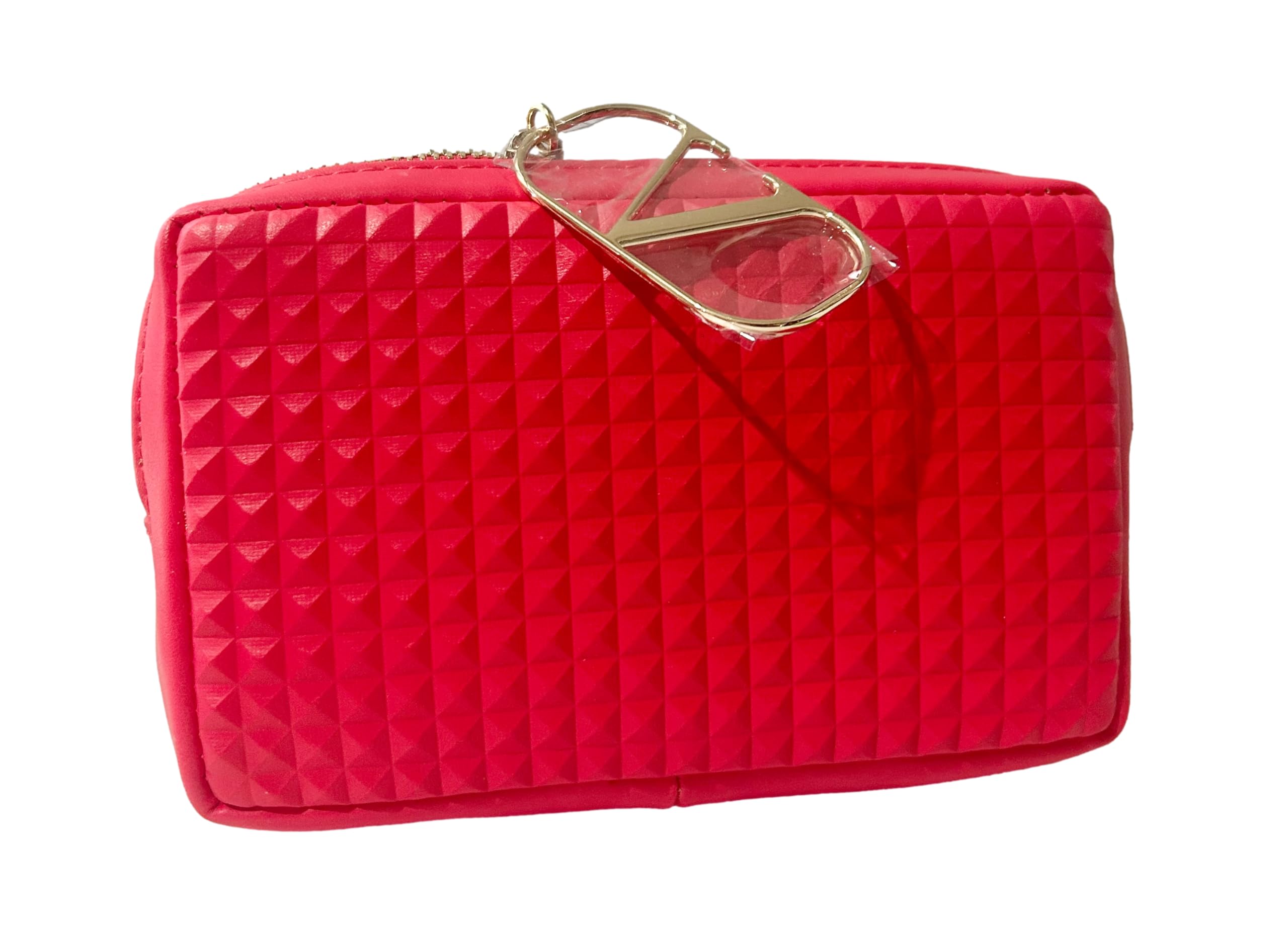 Valentino レッド トライアングル ダイヤモンド 3D グリッド スモール ジップ メイク コスメ ギフトポーチ 約 長さ6 x 高さ4 x 幅1 (2297)