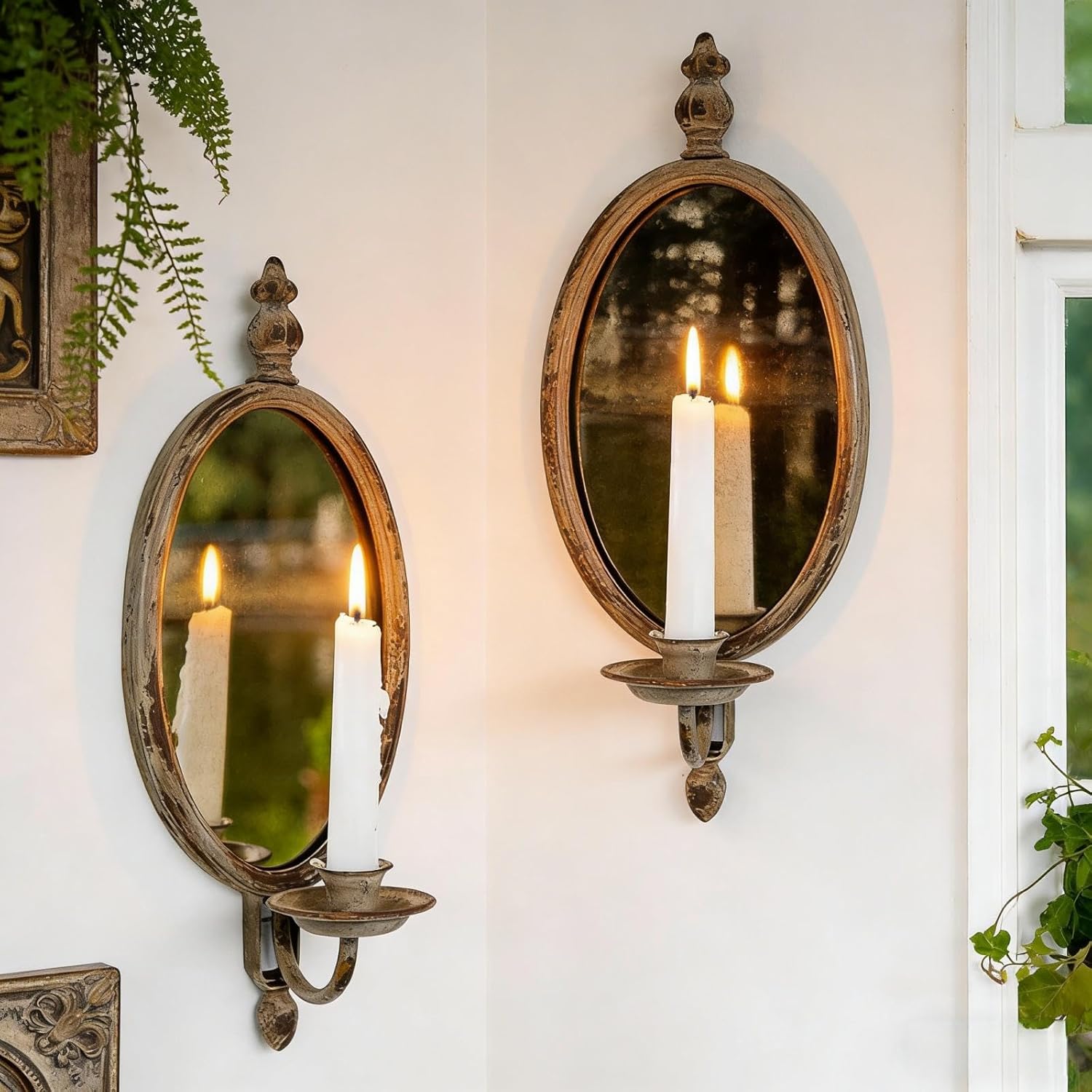 2 Pack Antique Metal Candle Sconces Wall Mounted Candlestick Holder with 4 Pcs White Candle Wall Mounted Distressed with Oval Faded-looking Mirror Candlestick Holders for Living Room Bathroom