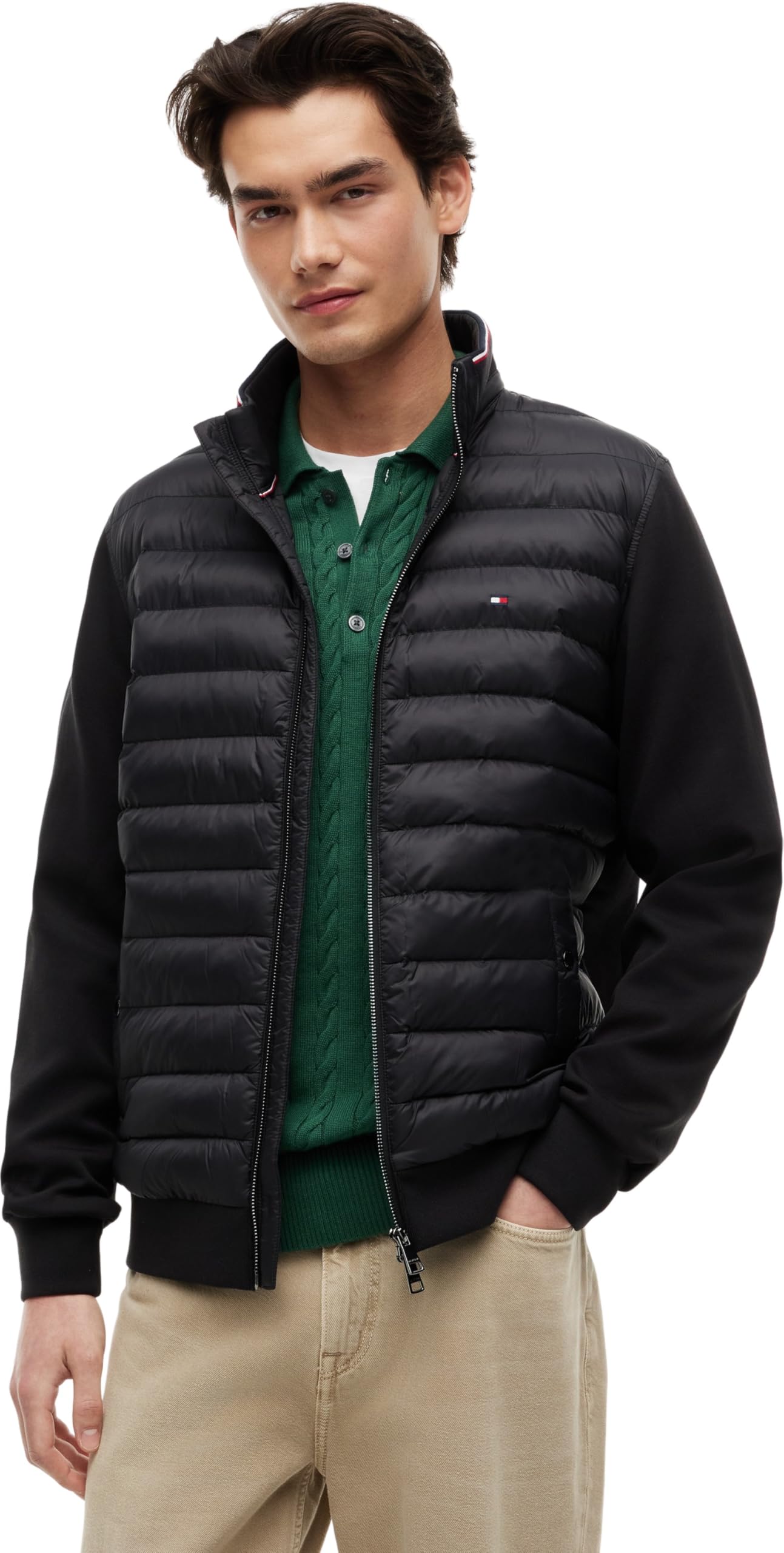Tommy Hilfiger Men’s Stand Collar Mix Media Quilted Sweatshirt with Zip, Black (Black), M