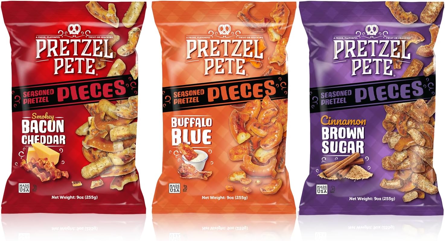 Pretzel Pete Variety Pack (Buffalo Blue Cheese, Smokey Bacon Cheddar, Cinnamon Brown Sugar) Seasoned Pretzel Pieces, Non-GMO Ingredients, Small Batch, Bold Flavor, 9oz (3 Pack)