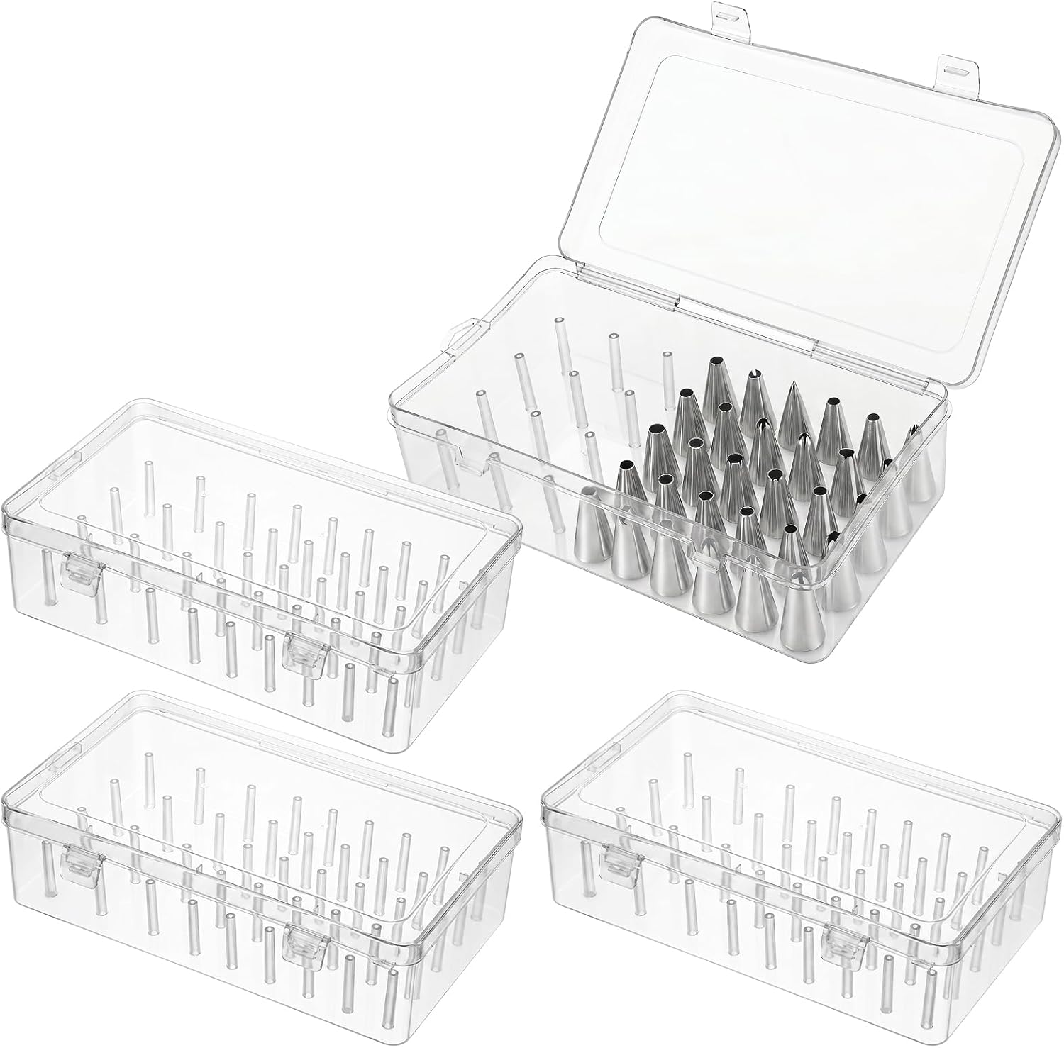 4 Pack Piping Tip Organizer with Fixed Pins, 168 Capacity Clear Storage Box