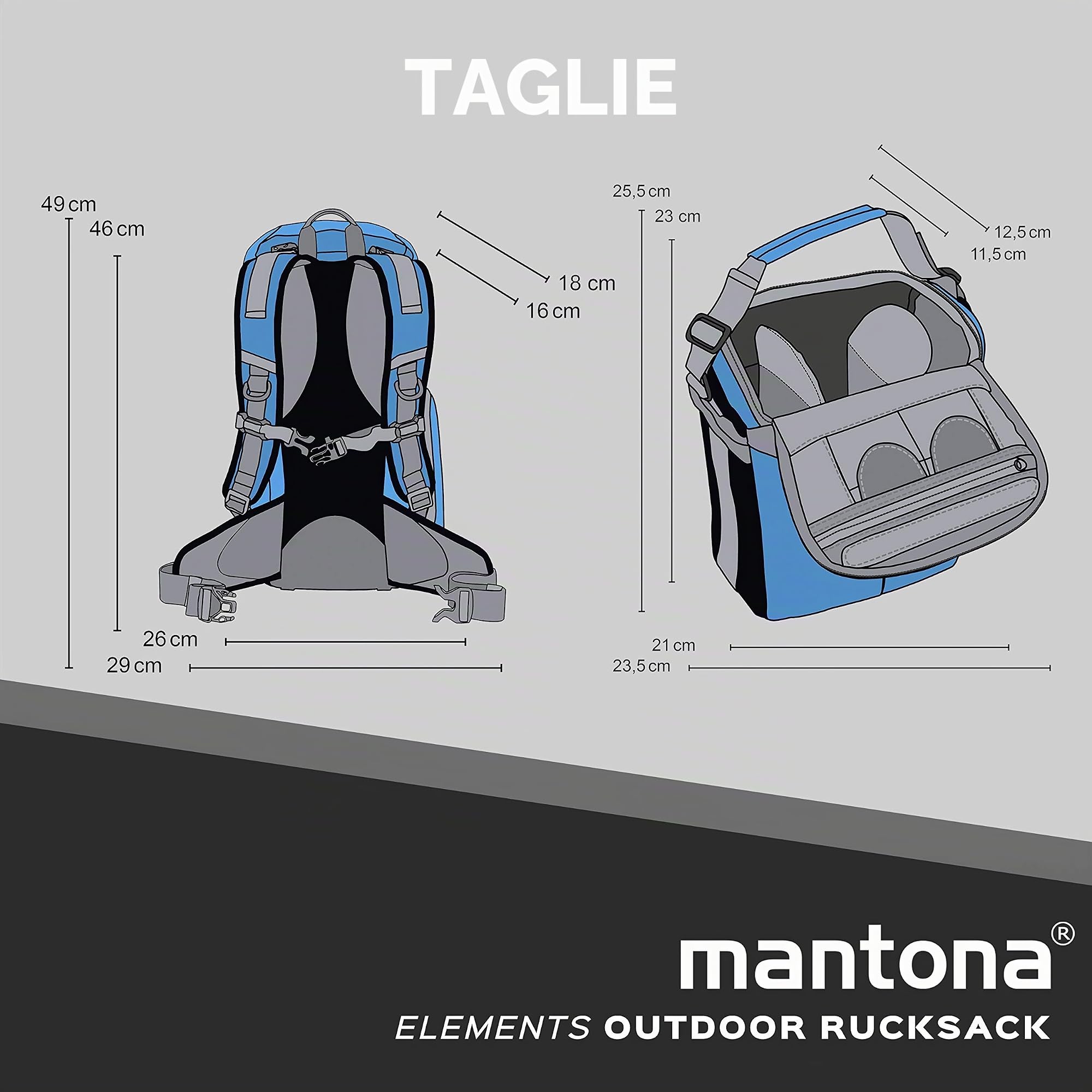 Mantona Elements Outdoor Zaino blu 2in1 per fotocamera e trekking, borsa fotografica con scomparti imbottiti per DSLR, drone, con supporto treppiede e copertura antipioggia