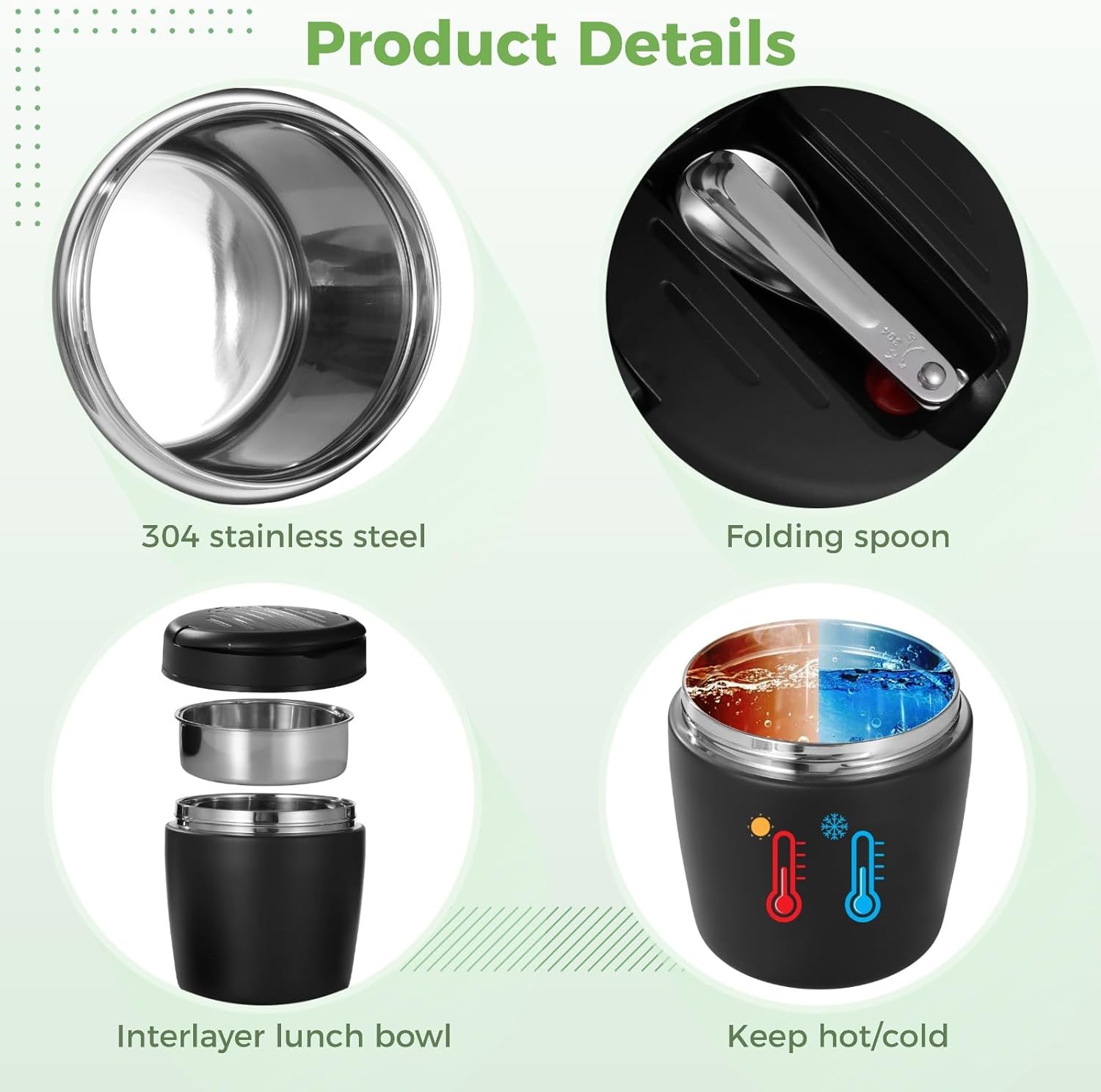 1.5 Liter Thermal Food Jar with Spoon, 304 Stainless Steel Vacuum Insulated Lunch Container, Wide Mouth, Leakproof for Office Camping