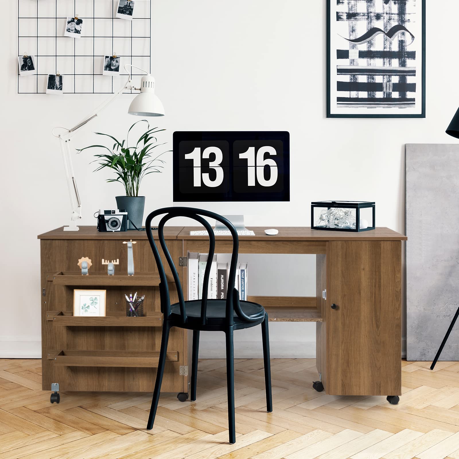 GOPLUS Klappbarer Nähtisch, 2 in 1 Nähschrank & Schreibtisch, Nähmaschinentisch auf Rollen, 3 Seitenfächer & 1 Schrank, 2 arretierbare Rollen, für Wohnzimmer Schlafzimmer Büro (Natur)