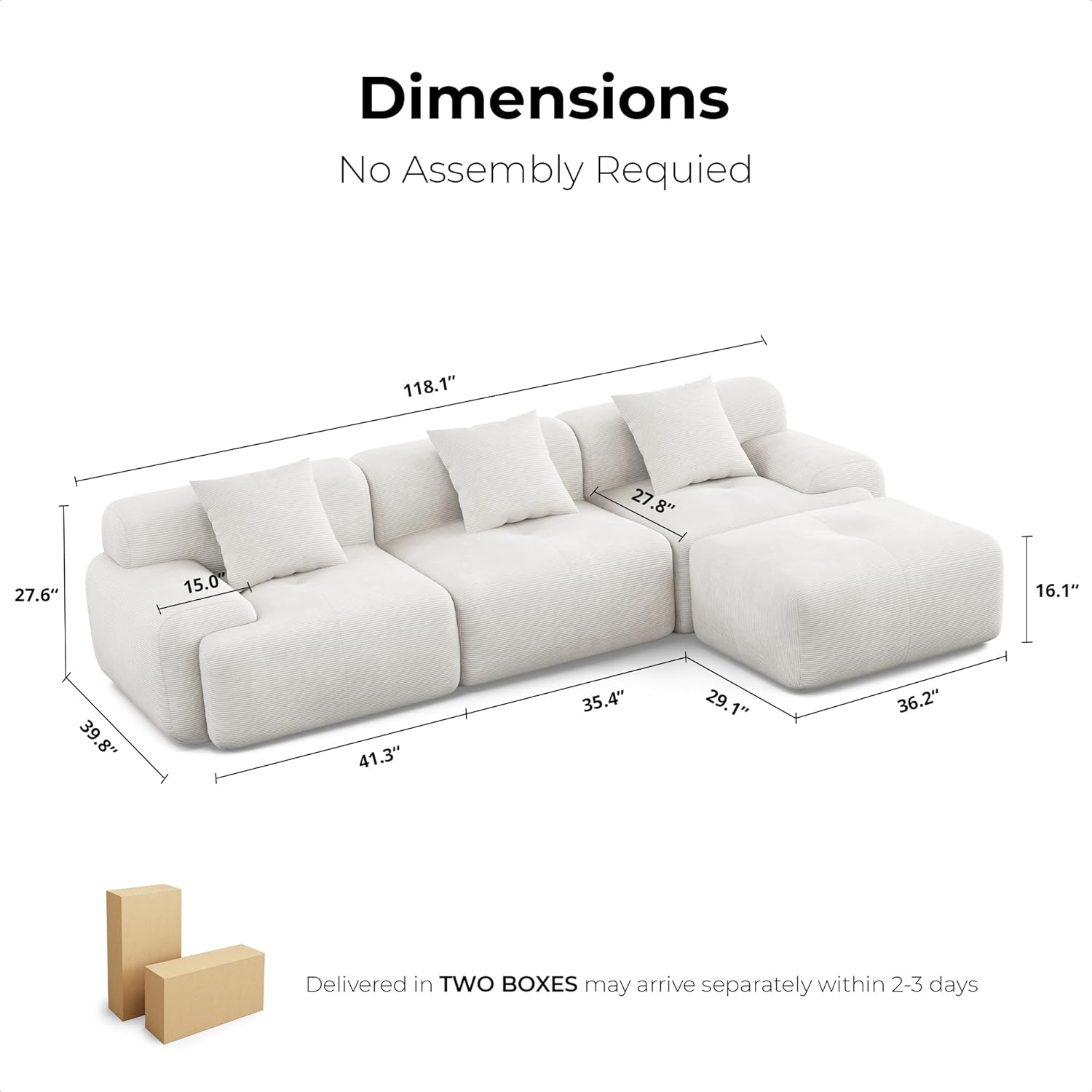 LIKIMIO 118" Modern L-Shaped Modular Sectional Sofa for Living Room, Corduroy Upholstery Beige, Oversized 3-Seater Couch with Deep Seat and Movable Ottoman – No Assembly