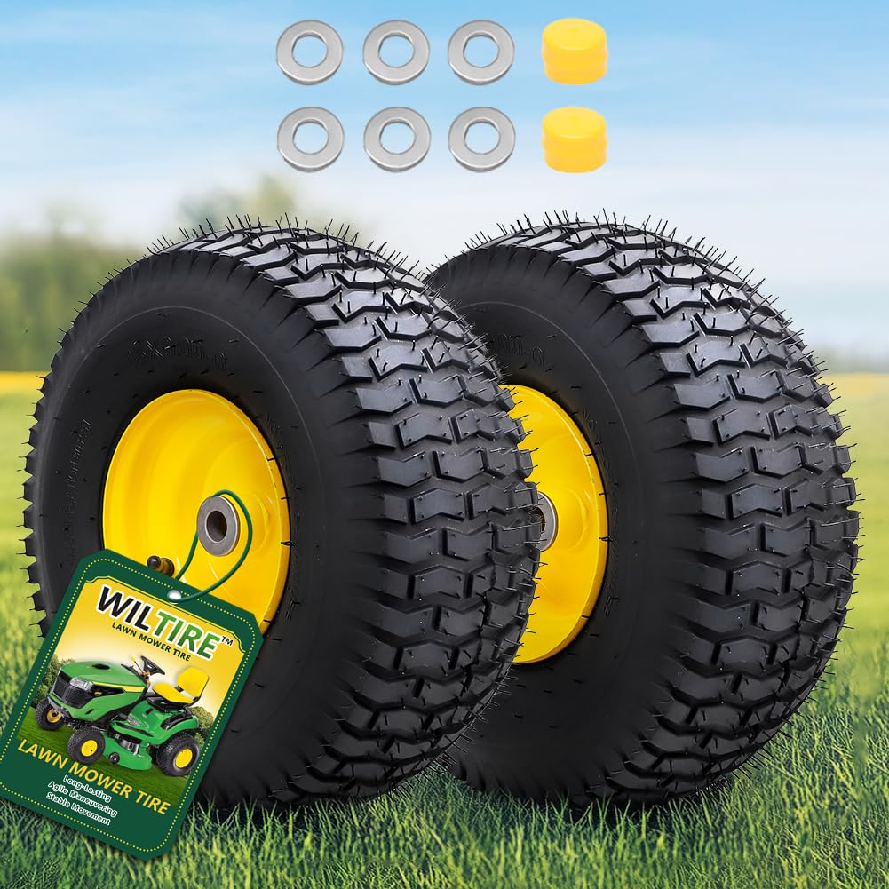 Wiltire 15x6.00-6 Tubeless Tire and Wheel Assembly(2 Pack) ，Replacement Riding Lawn Mower Front Tires,Compatible withRiding Mowers and Lawn Tractor, 3" Centered Hub and 3/4" Bushings（Yellow)