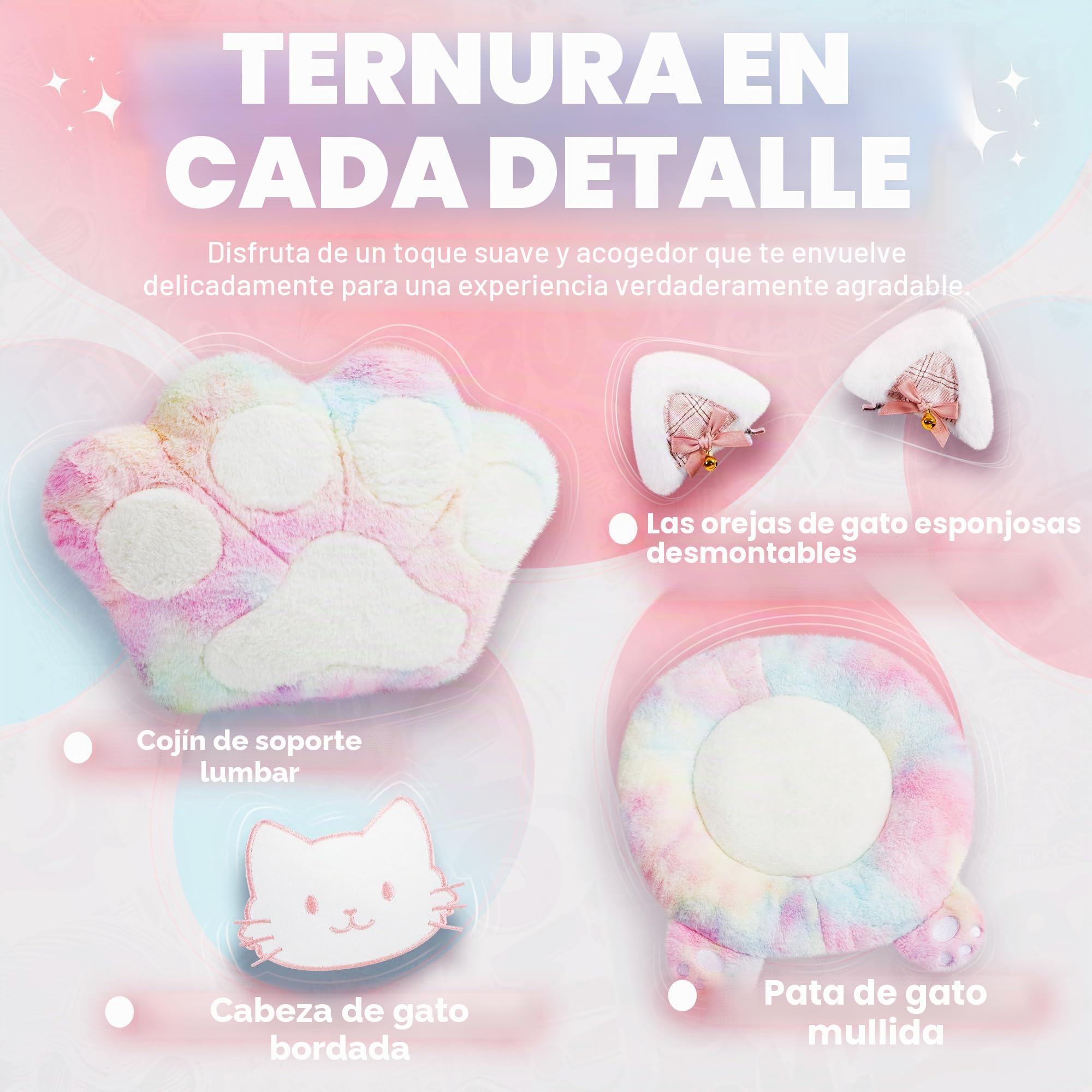 Silla Gaming de Gato con Reposapiés, Cojín Lumbar y Orejas de Gato, Silla Gaming Ergonómica de Terciopelo con Reposapiés para Mujeres, Adultos y Adolescentes, Colorida