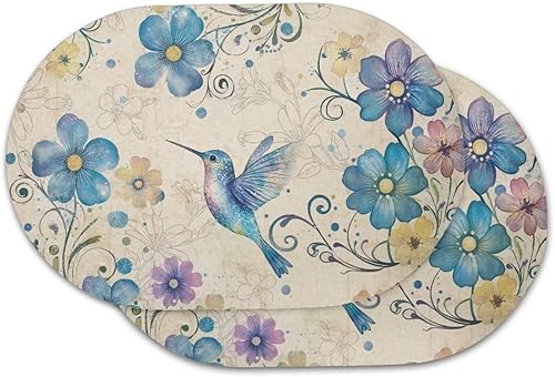 Miniatura 101 de Heat Resistant Placemats Oval Placemats Set of 6 Leather Washable and Wipeable Non Slip Place Mats, Waterproof Modern Dining Table Mats, Oval Floral