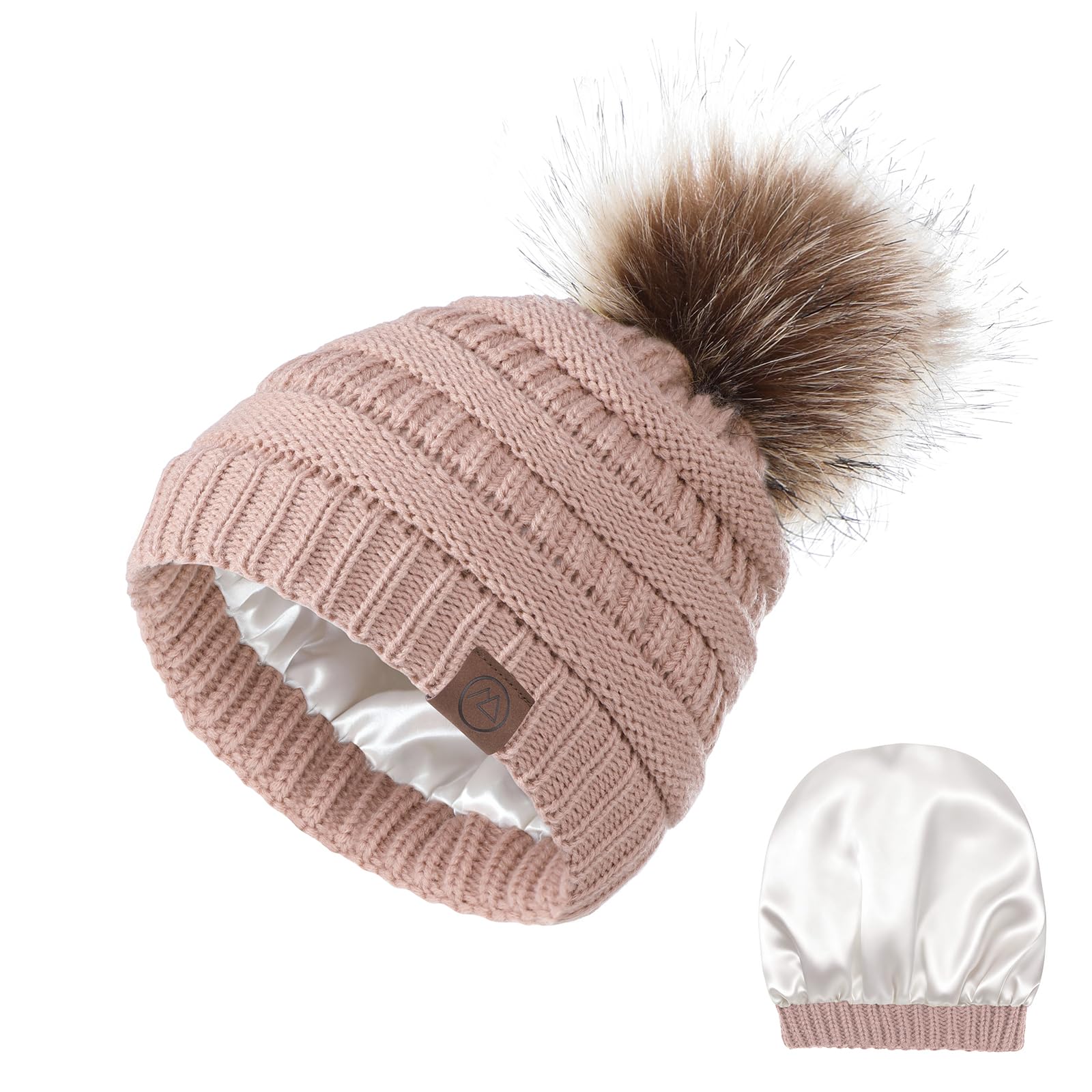 American Trends Gorros de invierno para mujer, gorro holgado con forro de satén con pompón, gorro cálido de punto trenzado para esquí de nieve, Rosa claro, Talla única