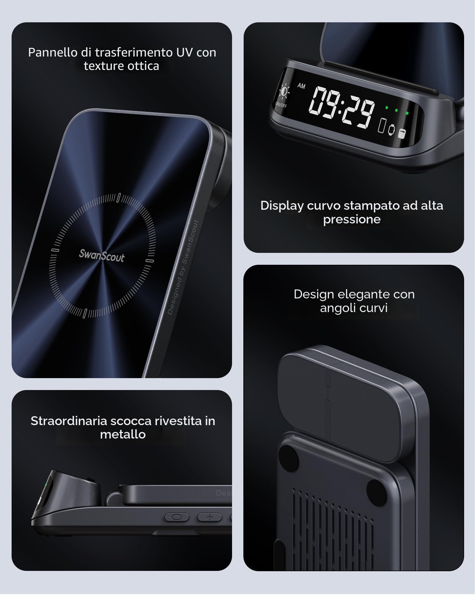 SwanScout Caricatore Wireless per iPhone, Stazione di Ricarica 3 in 1 per iPhone 17/Air/16/15/14/13/12, Base Ricarica per Apple Watch Ultra 3/11/10/9/8, per AirPods, SwanScout 708A (Senza Adattatore)