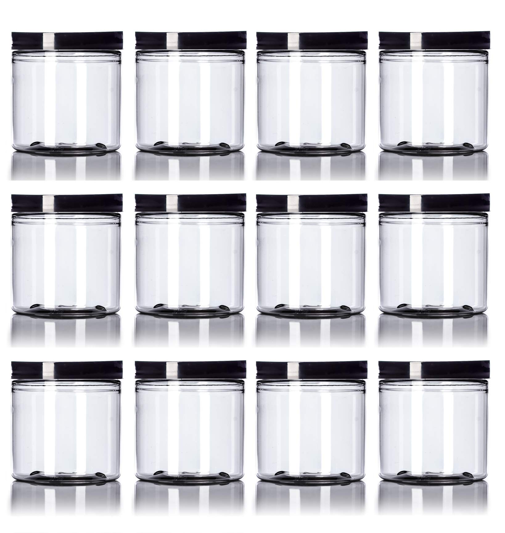 Premium Vials - Clear 8 oz Plastic Jar Black Lid - Pack of 12
