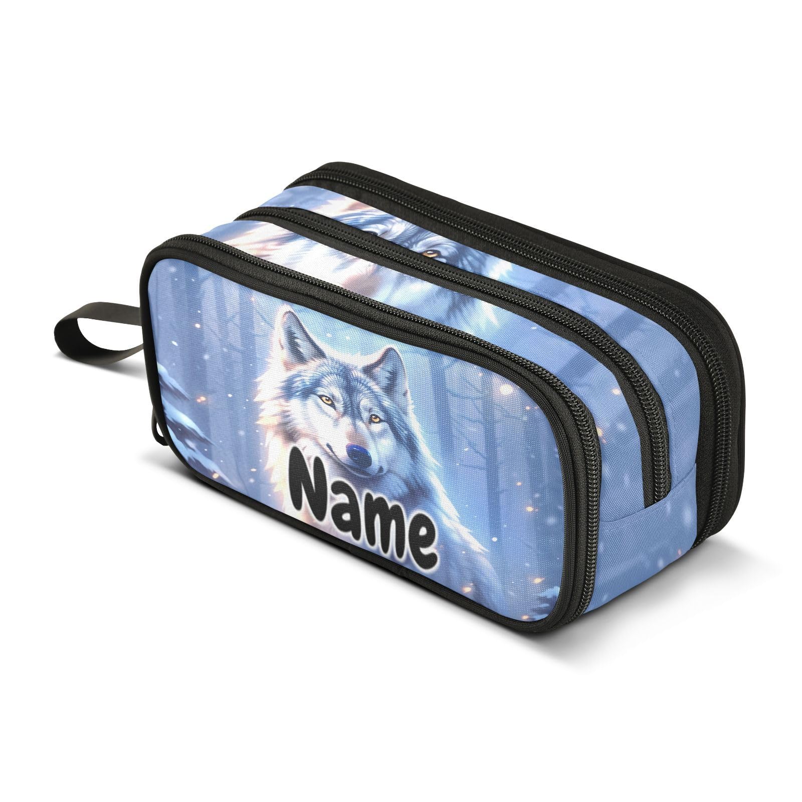 Mnsruu Custom Name Wolf Winter Forest Pencil Case Boys Girls Personalized Pen Bag School Office Stationery Organizer Pencil Pouch Holder Kids Teens Adults