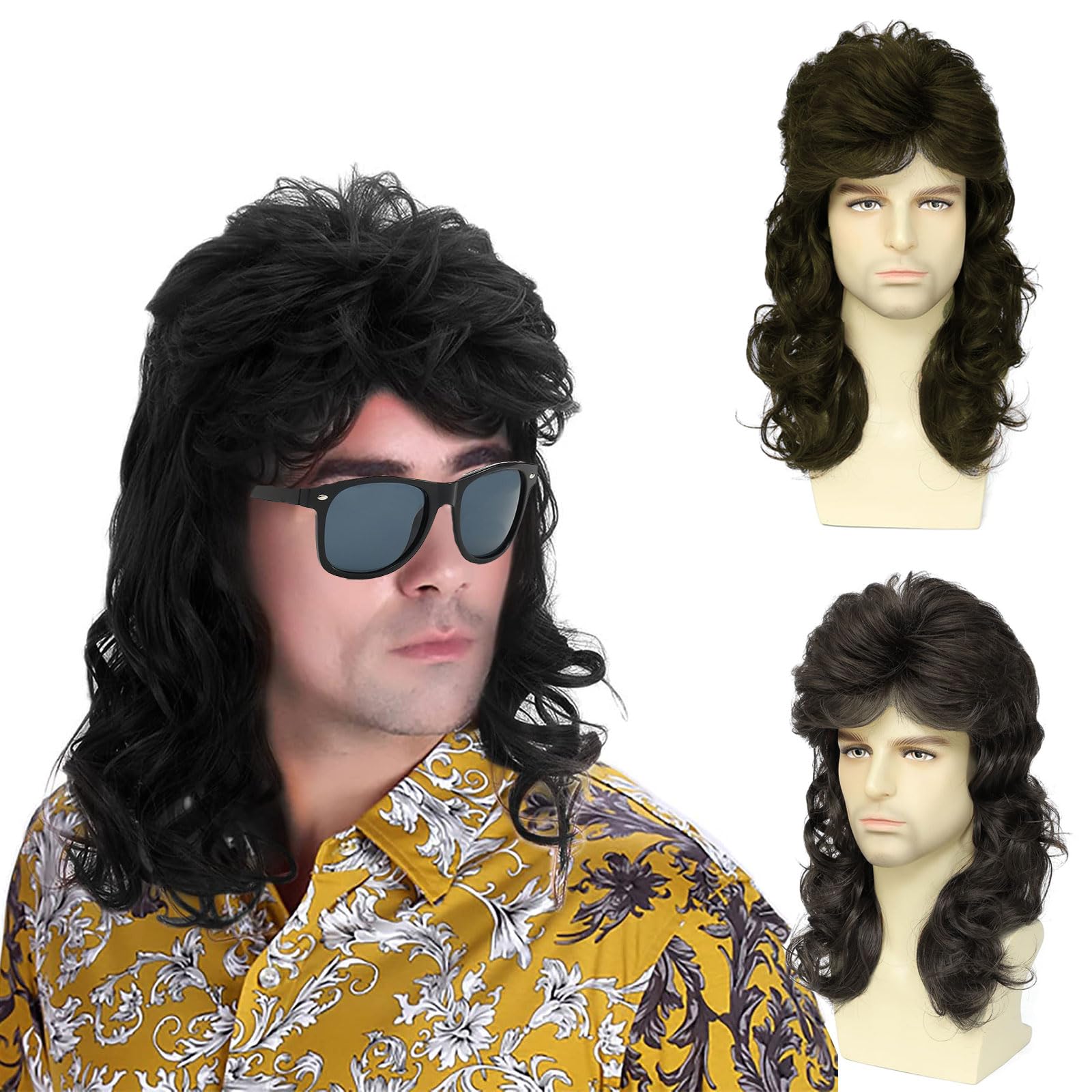 FOUNSHO Black Mullet Wig for Men Men's Long Curly Hair Wig 70s 80s 90s Funny Rocker Fancy Dress Accessories for Adult For Halloween Carnival Pop Rock Costumes Cosplay Party (Black)