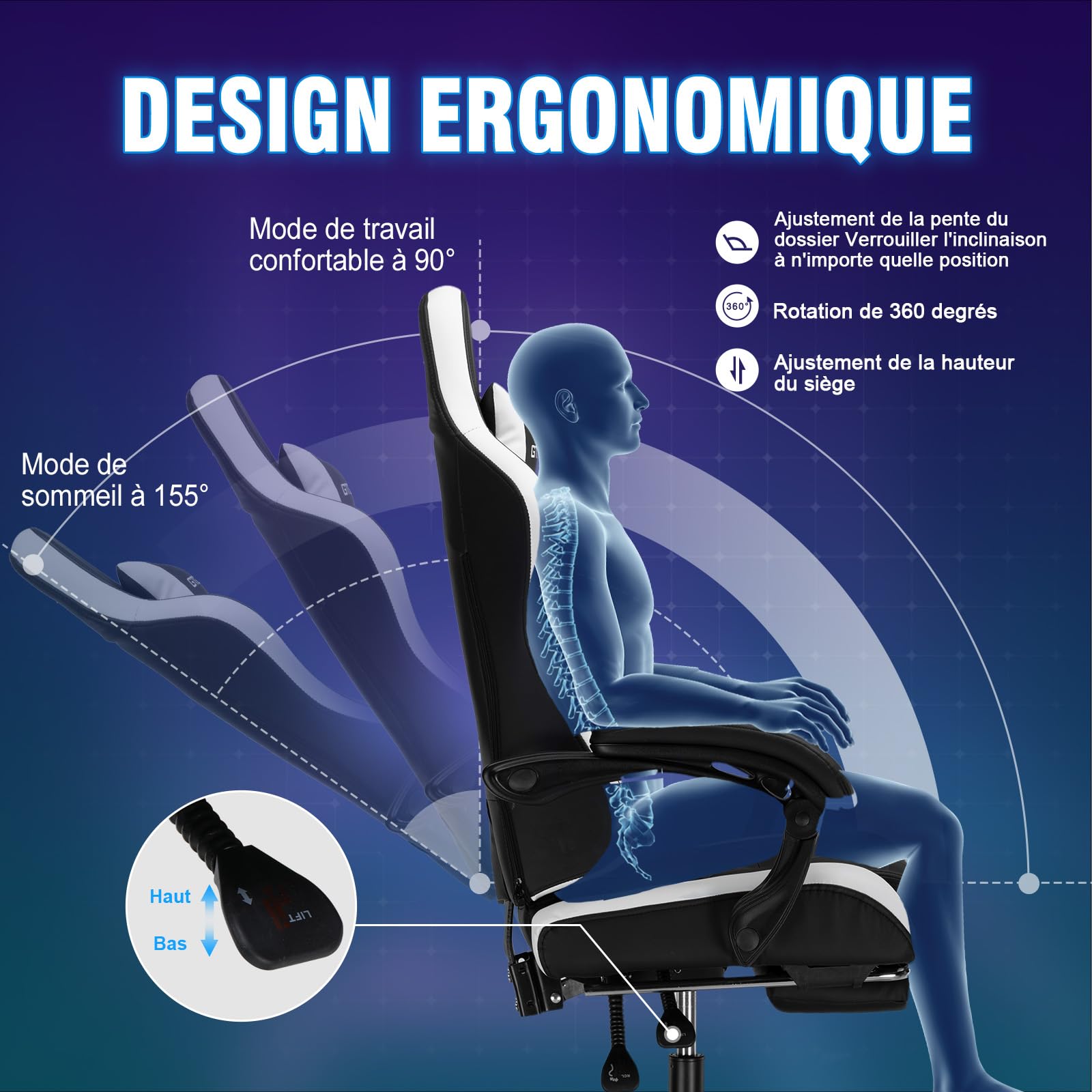 GTPLAYER Chaise de Gaming PRO avec Repose-Pieds, Haut-Parleurs