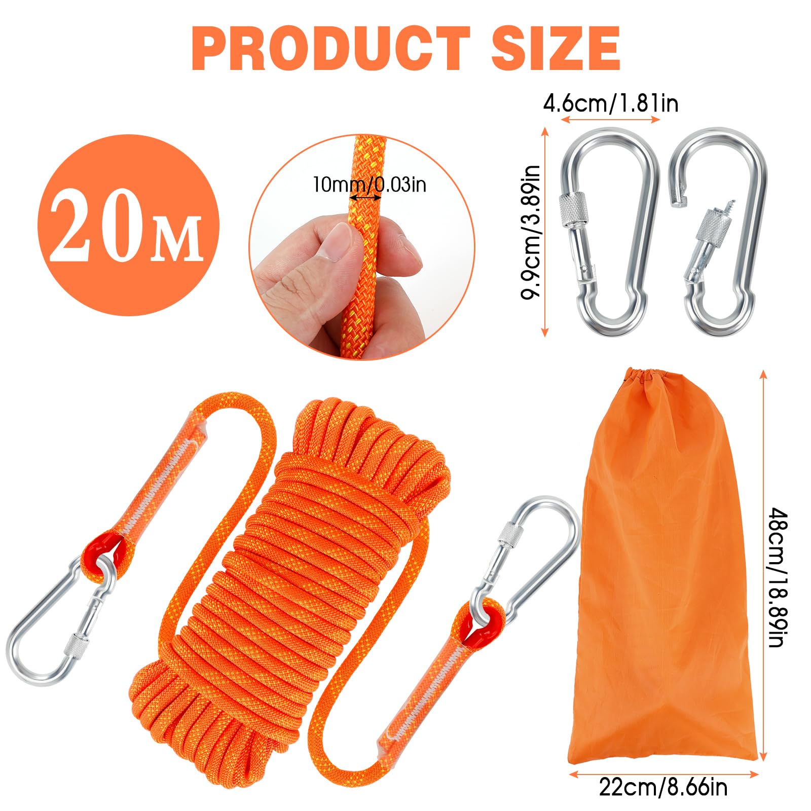 10mm*20M Kletterseil, Outdoor Sicherheitsseil, Nylon Seil Statisches Kletterseil mit 2 Karabinern Rettungsseil Feuerrettungs-Fallschirm-Seil für Arbeiten in der Höhe/Feuerleiter/Abseilen/Sport