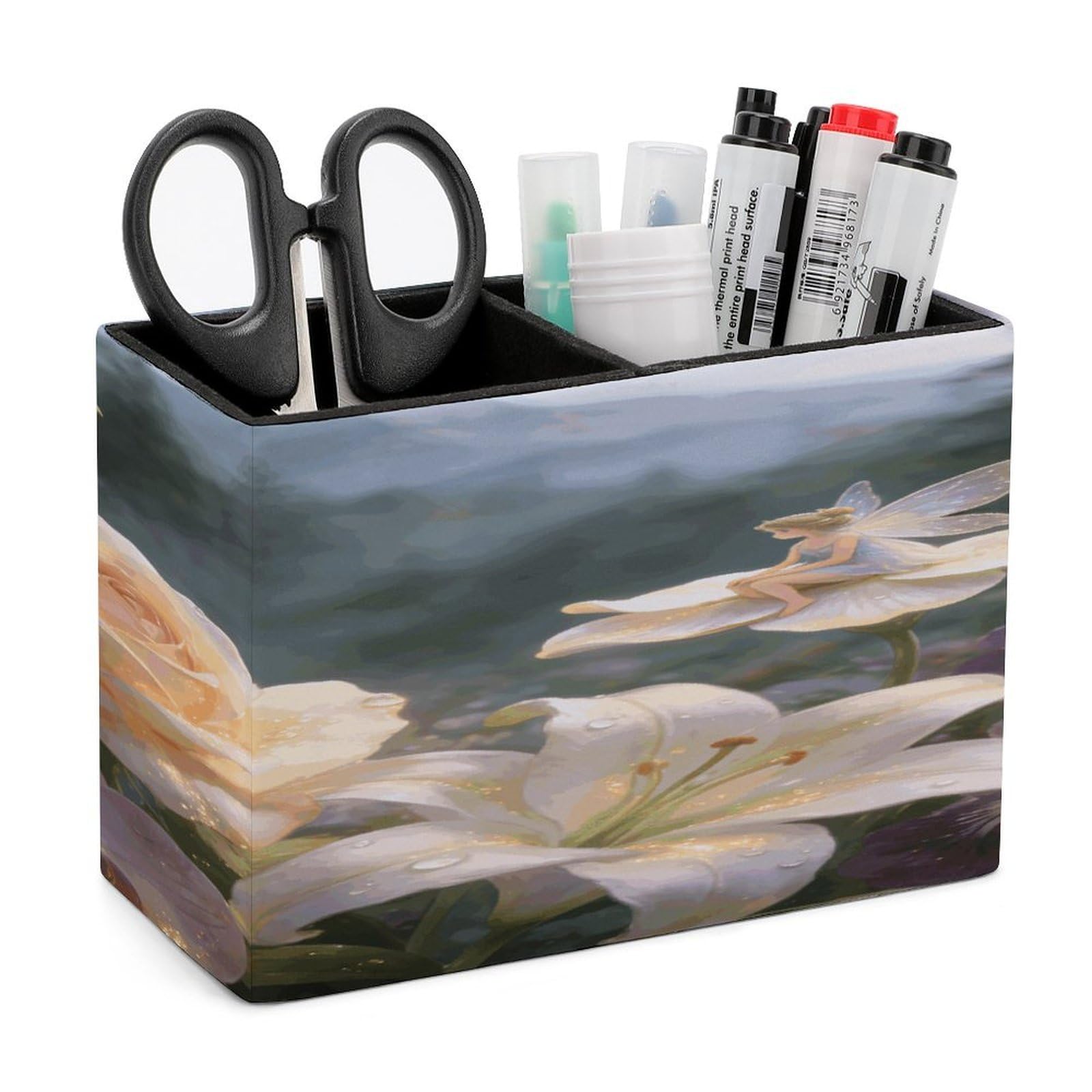 LZQPOEAS Floral Fantasy Pen Holder Double Compartments Pen Cup Makeup Brush Holders Leather Pencil Holder Locker Organizer for Work Locker Accessories Modern Pencil Cup for Desk