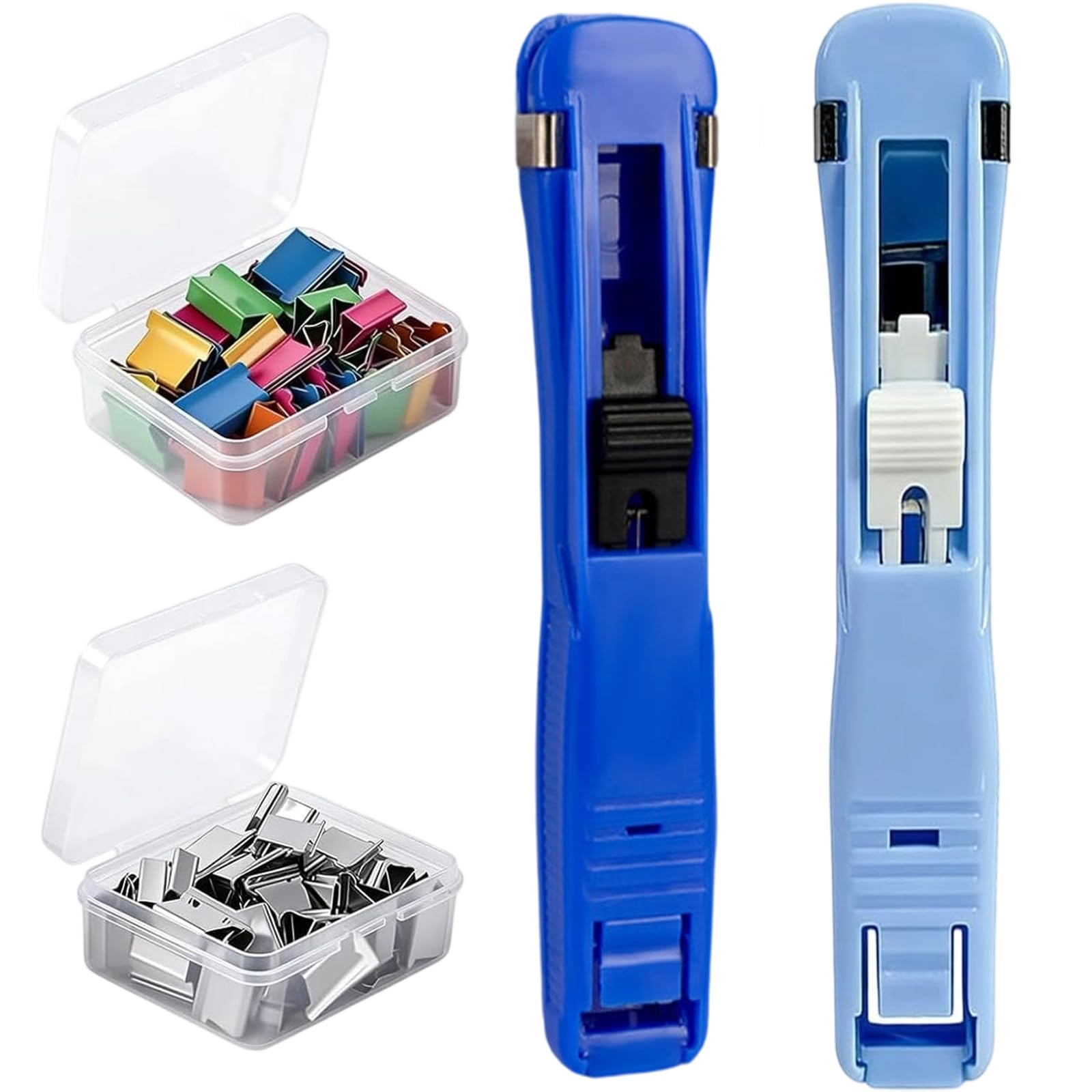 Portable Binder Clip Stapler - Includes 100 Reusable Clips, Handheld Paper Binder Clip Dispenser for Desk Document, Metal Office Supplies in Clear Box for Home Organization School (2PCS-RB+LB)