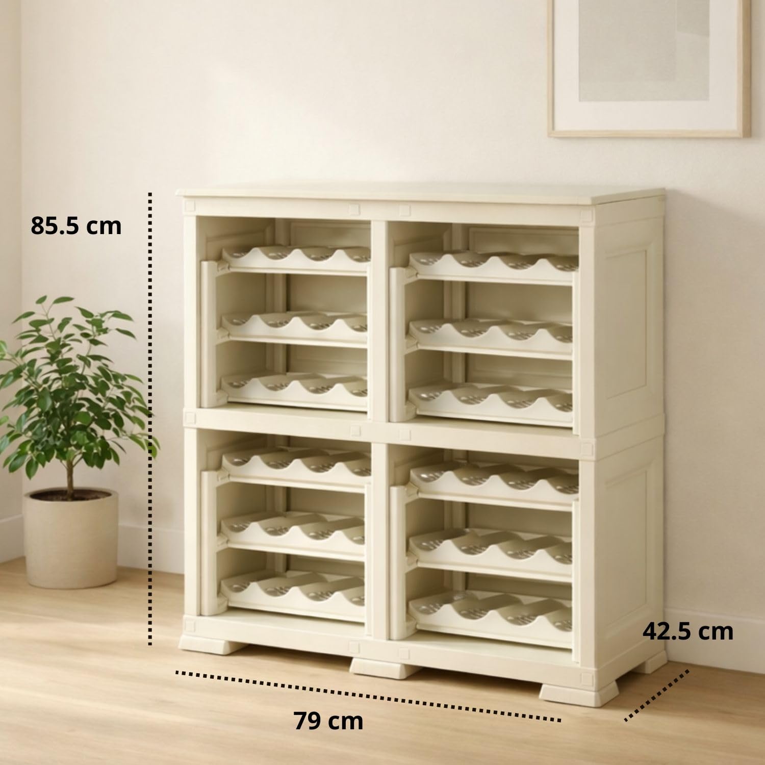 Scaffale Portabottiglie per 48 Bottiglie, Cantinetta Vino Modulare in Plastica, Mobile Porta Vino a Vista per Cucina, Cantina o Soggiorno, 79x42,5x85,5 cm (Angora)