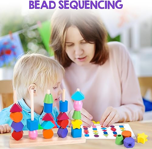 Miniatura 3 de Juego de juguetes de secuenciación de cuentas de madera, juguetes Montessori para niños de 3, 4 y 5 años, cuentas de cordones y bloques apilables y