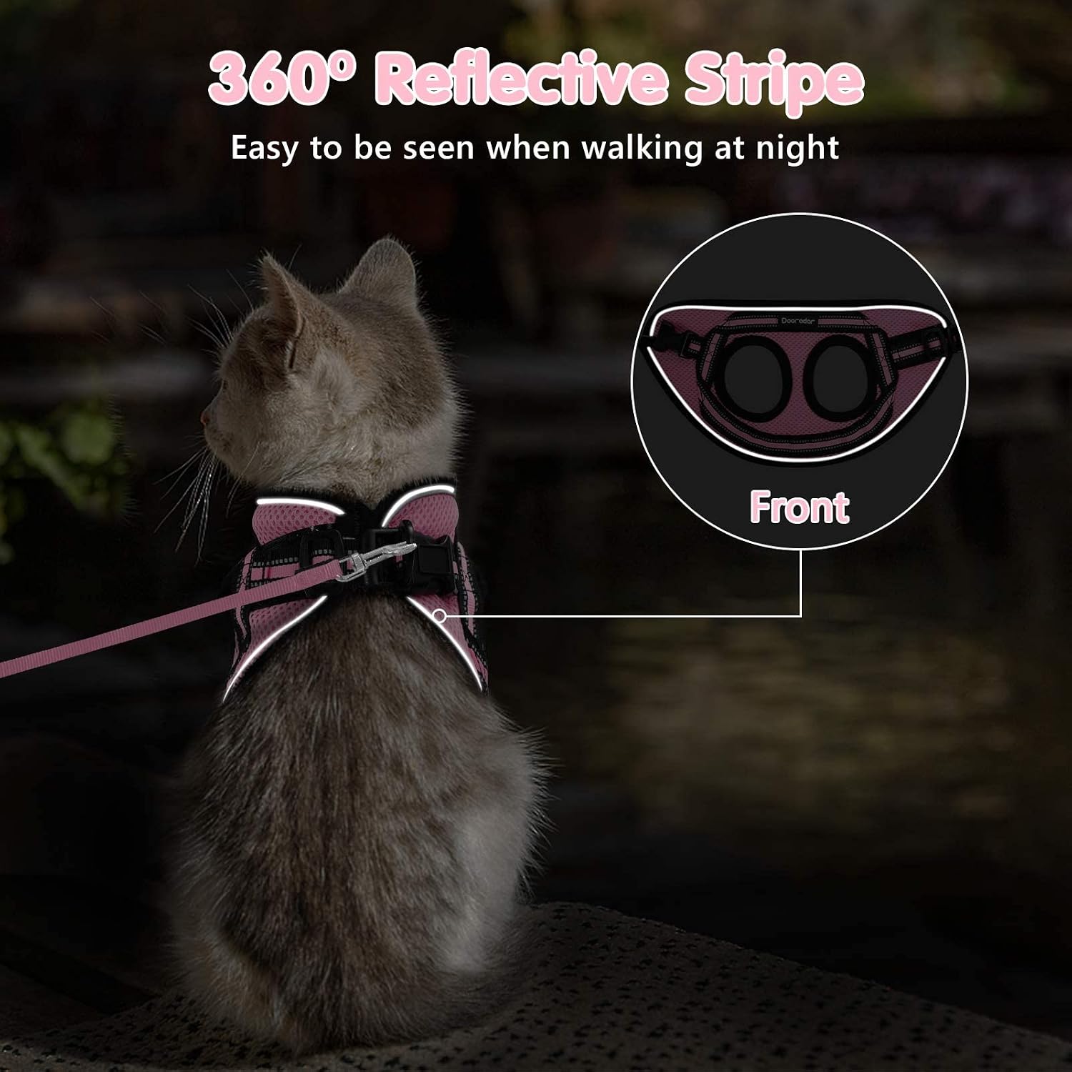 Dooradar Cat Harness and Leash, Adjustable Step-in Escape Proof Kitten Harness with Reflective Strip, Soft Breathable Air Mesh Vest for Small Medium Cats, Easy Control Cat Jacket for Walking Training