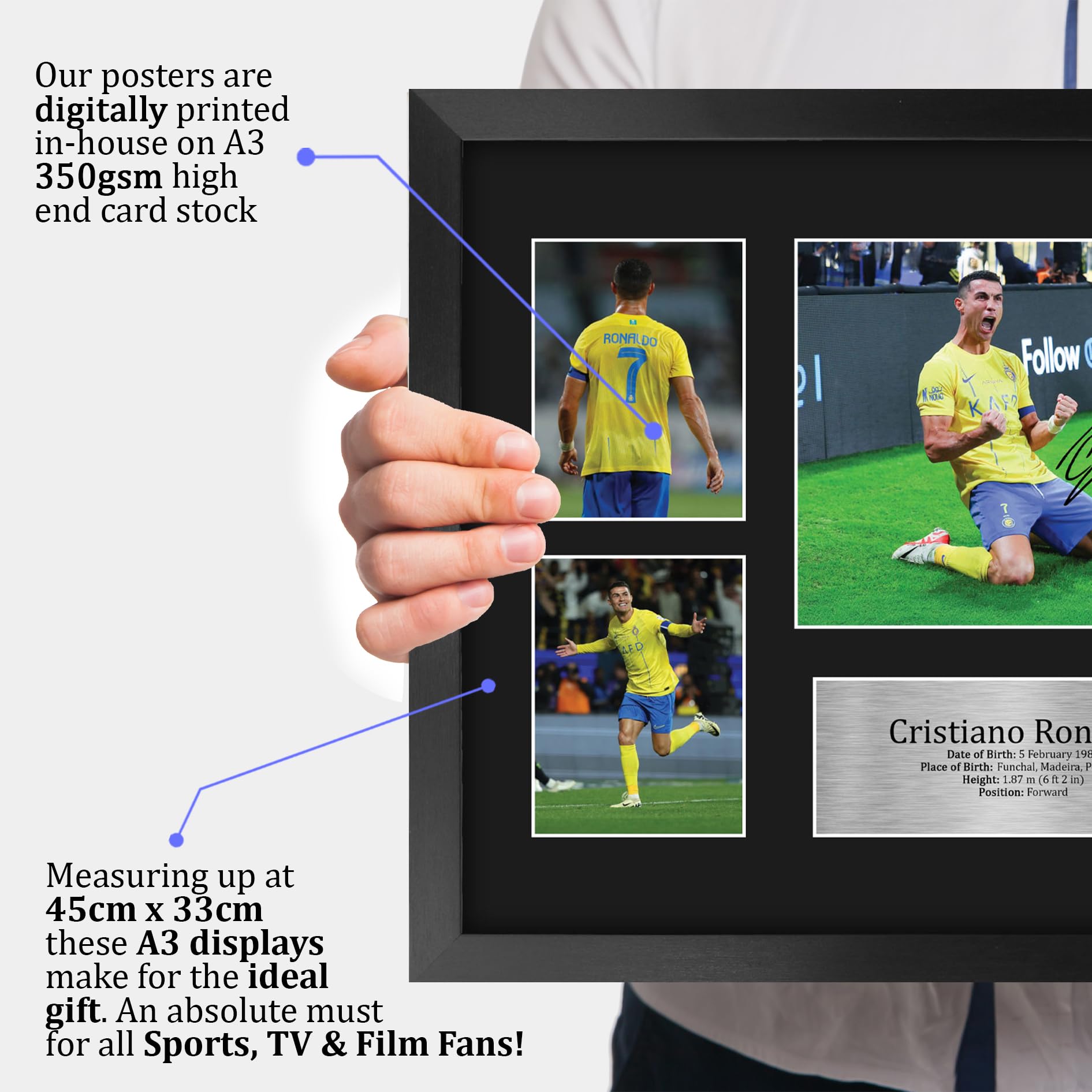 HWC Trading FR A3 Cristiano Ronaldo Al Nassr Gedruckte Memorabilien Signiertes Autogramm Fotodisplay für Fußball Anhänger und Fans - A3 Gerahmt