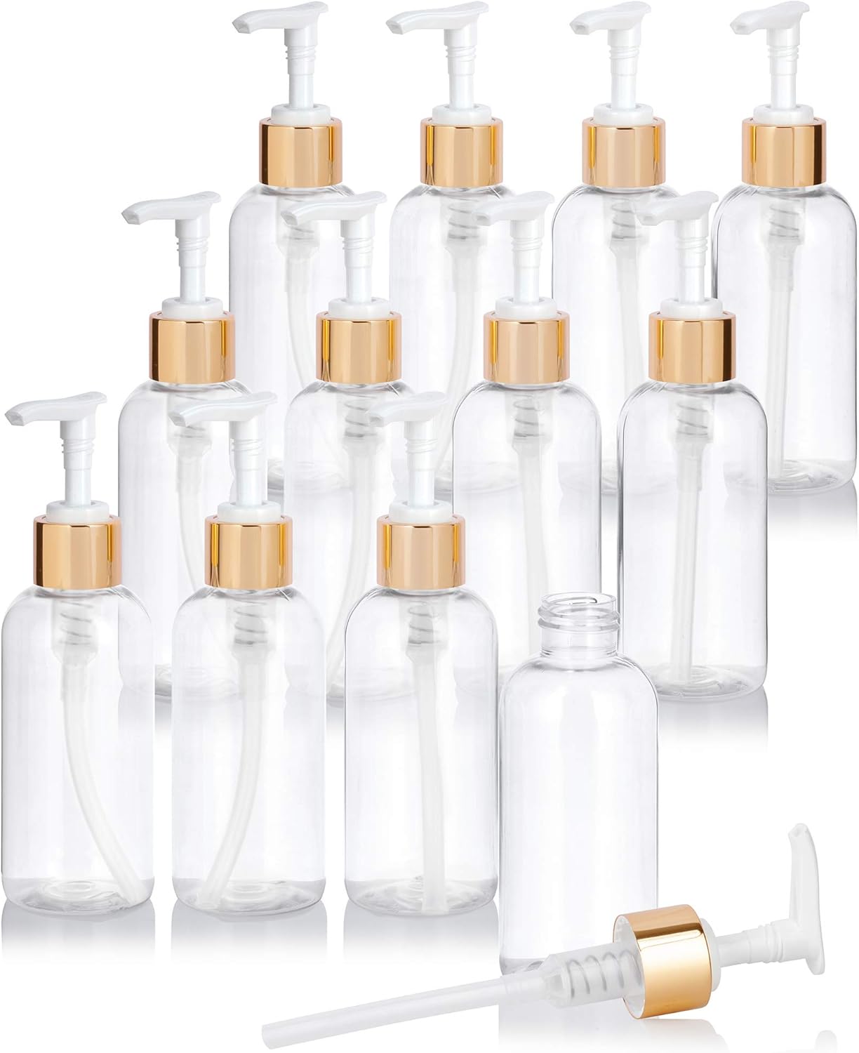 JUVITUS 4 oz / 120 ml Clear Plastic PET Boston Round Bottle (BPA Free) with Gold Lotion Pump (12 pack)