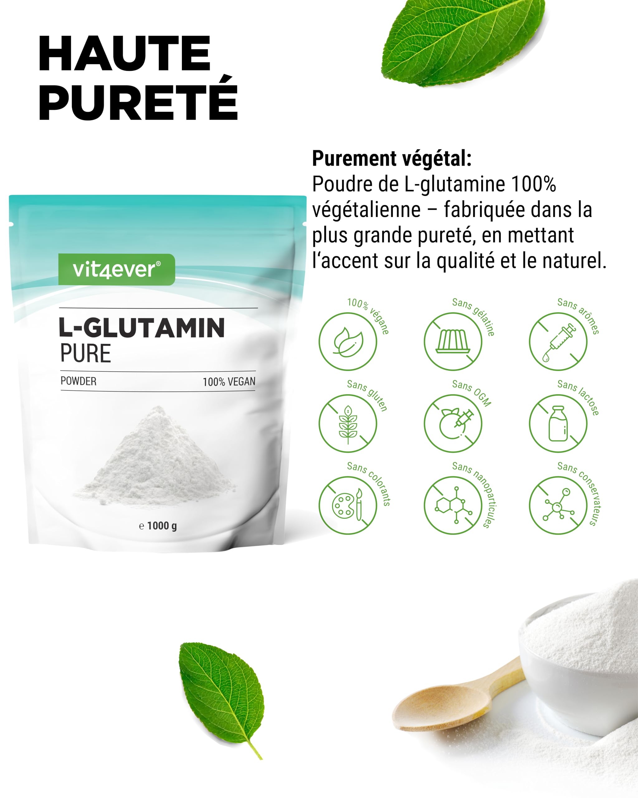 vit4ever Poudre de L-glutamine – 1000 g / 1 kg – Poudre d’acides aminés ultra pure, extra hautement dosée – 100% végane – Produite par fermentation végétale
