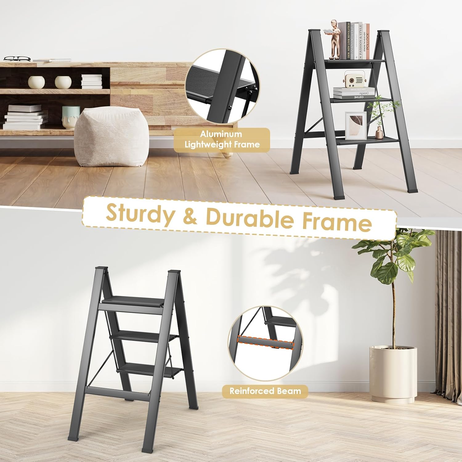 TLGREEN 3 Step Ladder, Aluminum Step Ladder 3 Step Folding with Anti-Slip Pedal, 330LBS Capacity Folding Step Ladder, Lightweight Stepladder for Kitchen, Office, Home, Garage (Black)