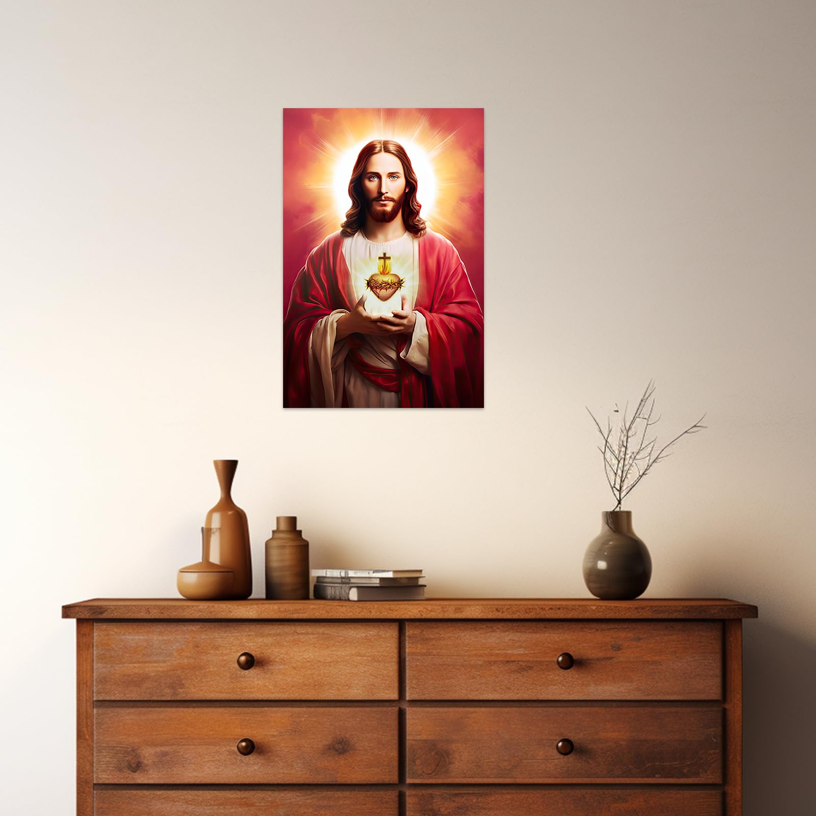 ZXHYWYM Stampa artistica da parete cristiana del Sacro Cuore di Gesù su tela con Dio religioso, stampa per soggiorno e camera da letto, cornice decorativa (30 x 45 cm)