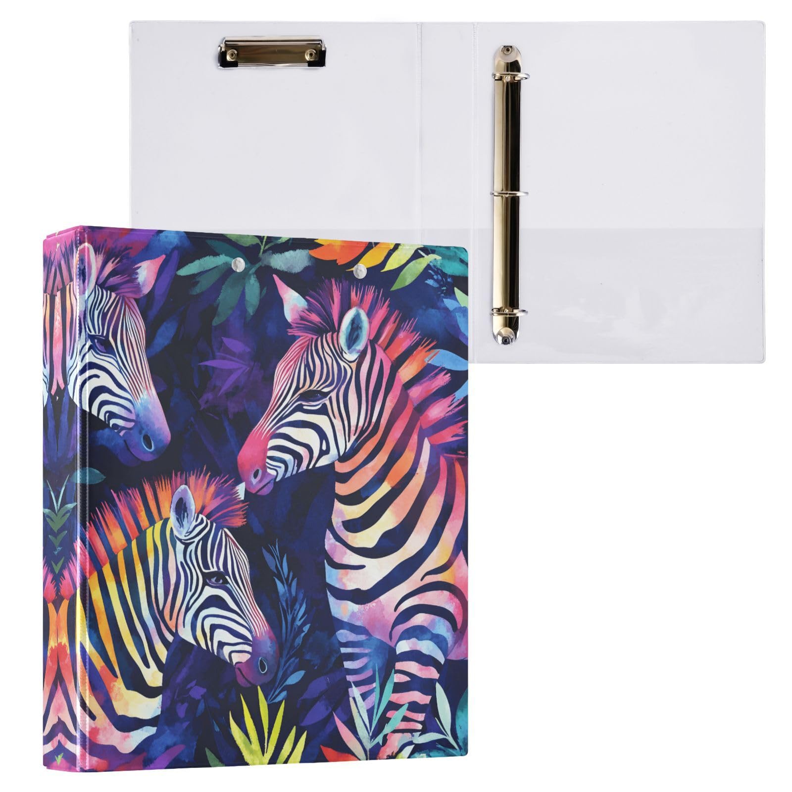 Confezione da 2 raccoglitori a 3 anelli, motivo foglie tropicali, stampa zebrata, 3,8 cm, con 3 tasche trasparenti, portablocco e contiene 200 fogli, per ufficio, scuola, organizzazione