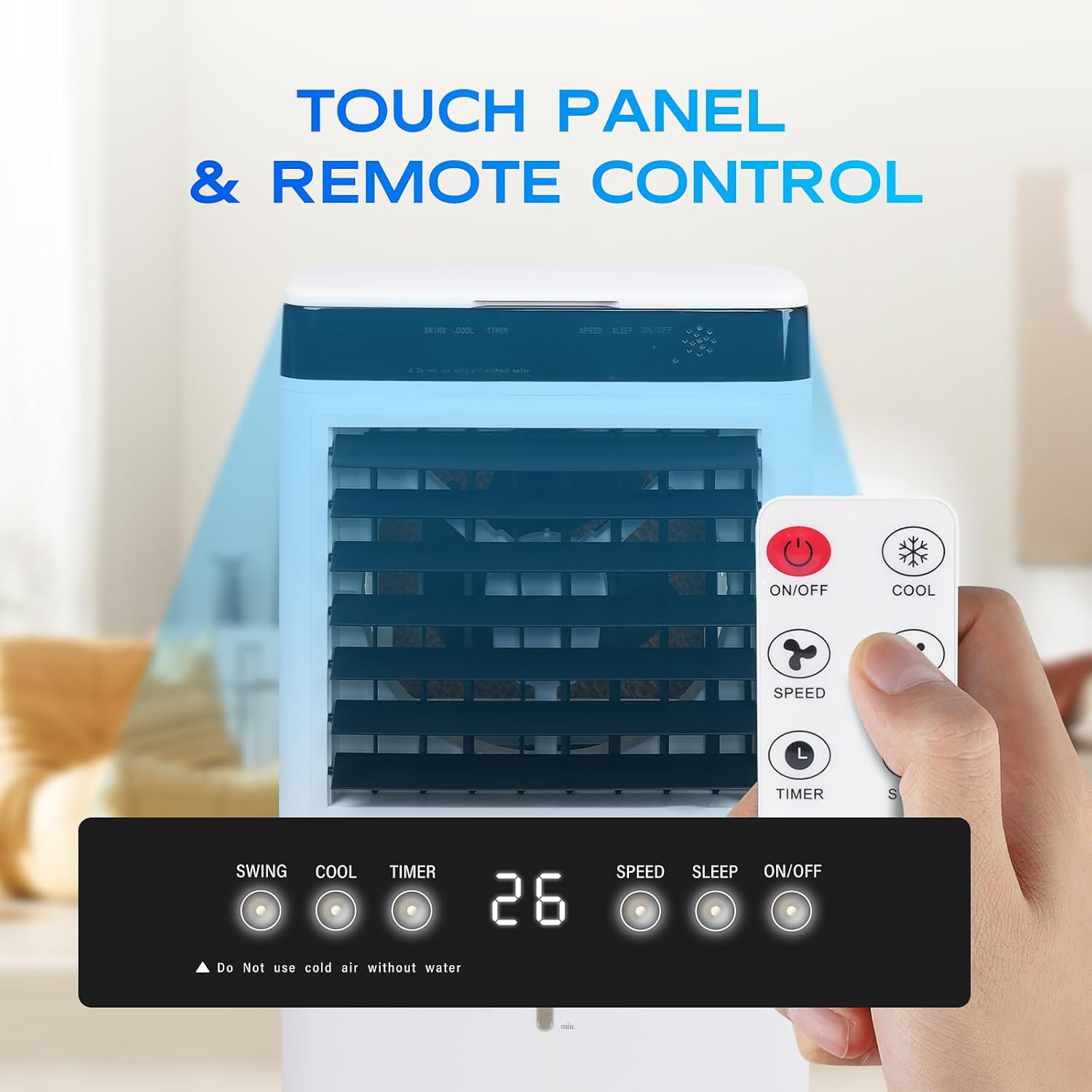 Portable Air Conditioner, Evaporative Air Cooler with Remote 3 Modes 3 Speeds 4 Gal Water Tank 4 ice packs 120°Oscillation 12H Timer 8,500 BTU for Rooms Up To 250 Sq. Ft.