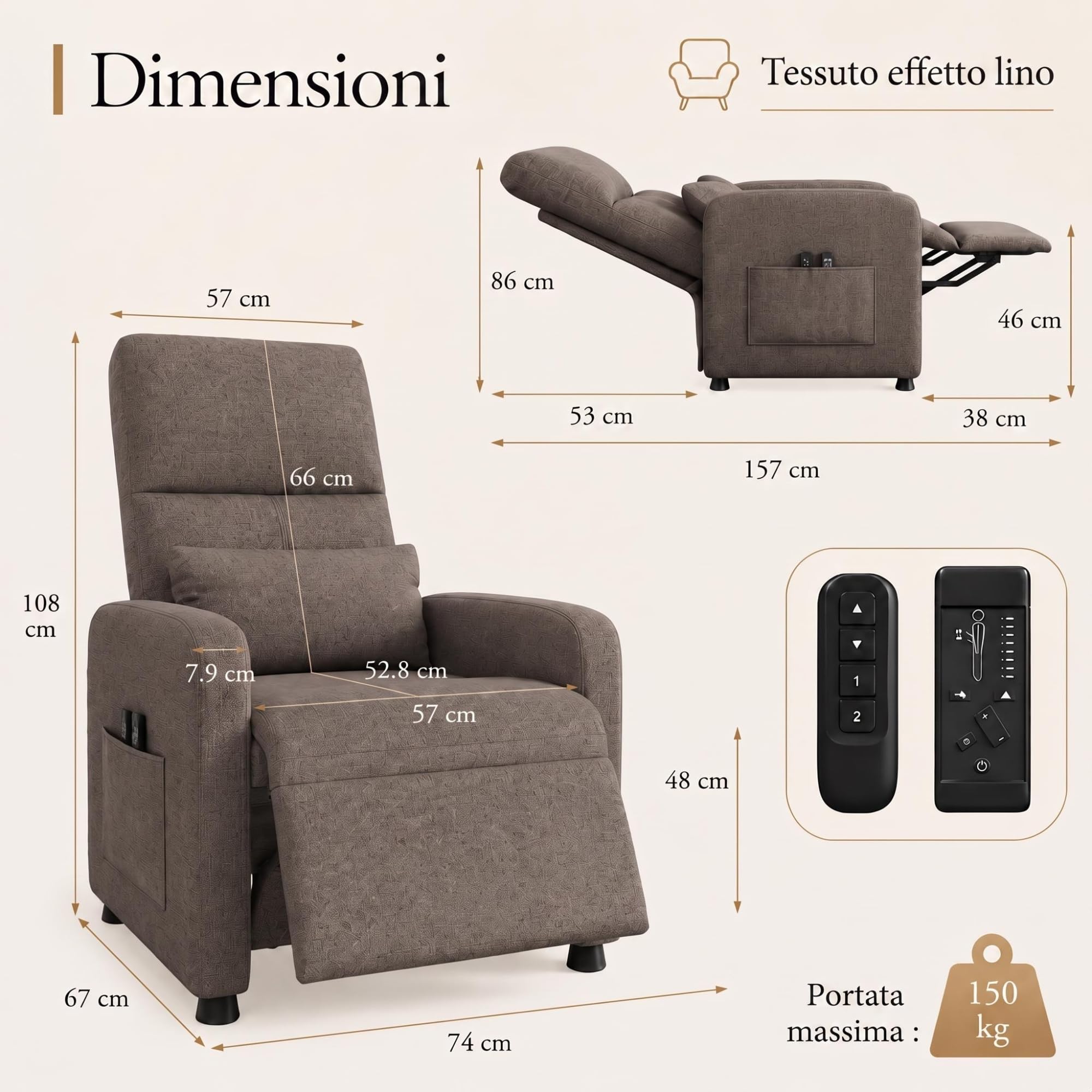 Poltrona Relax Elettrica Reclinabile con Massaggio a 4 Zone, Calore Lombare, Poggiapiedi e Supporto 180 kg – Tessuto in Lino, Struttura in Acciaio, Marrone EU JJ10-5