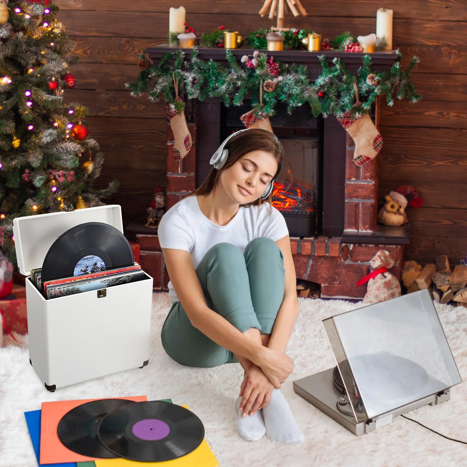 Coffre pour Vinyls de Rangement et Transport avec Serrure - Capacité 45 Disques - Malletín de Protection pour Collection, Blanc